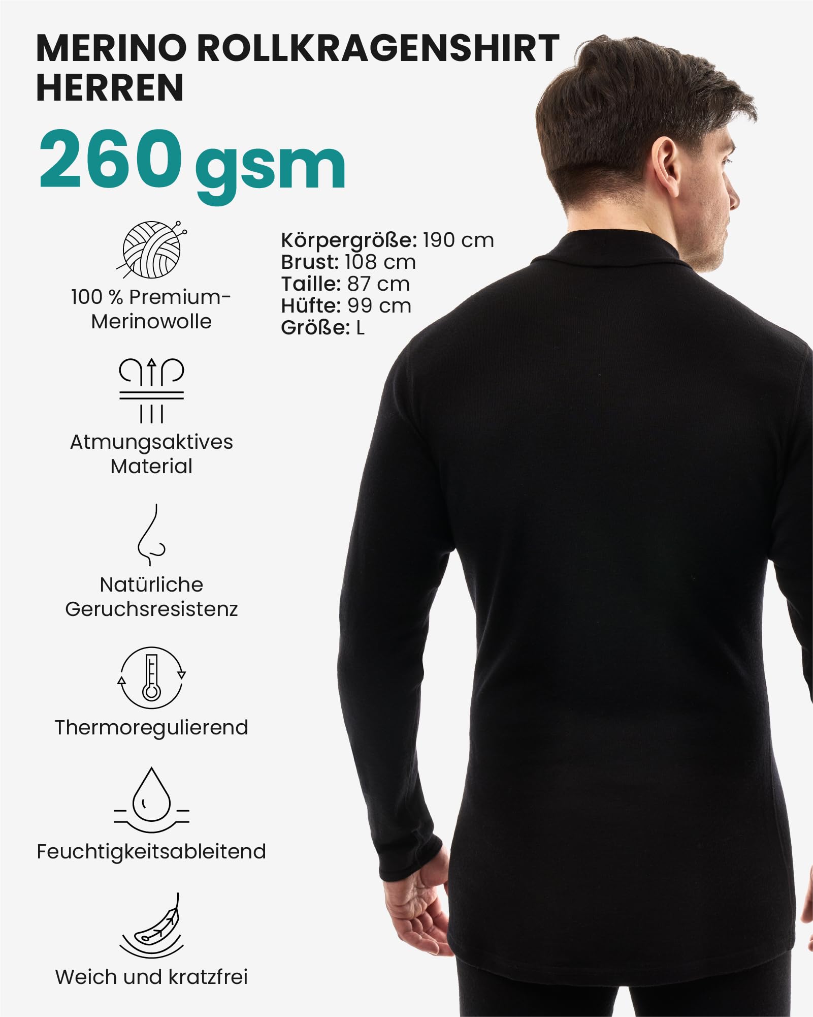 Merino.tech 100% Merino Rollkragenpullover Herren Alltag & Reise + Socken | Merino Shirt Herren Langarm. Kratzfrei, wärmend und feuchtigkeitsableitend Merino Unterwäsche Herren