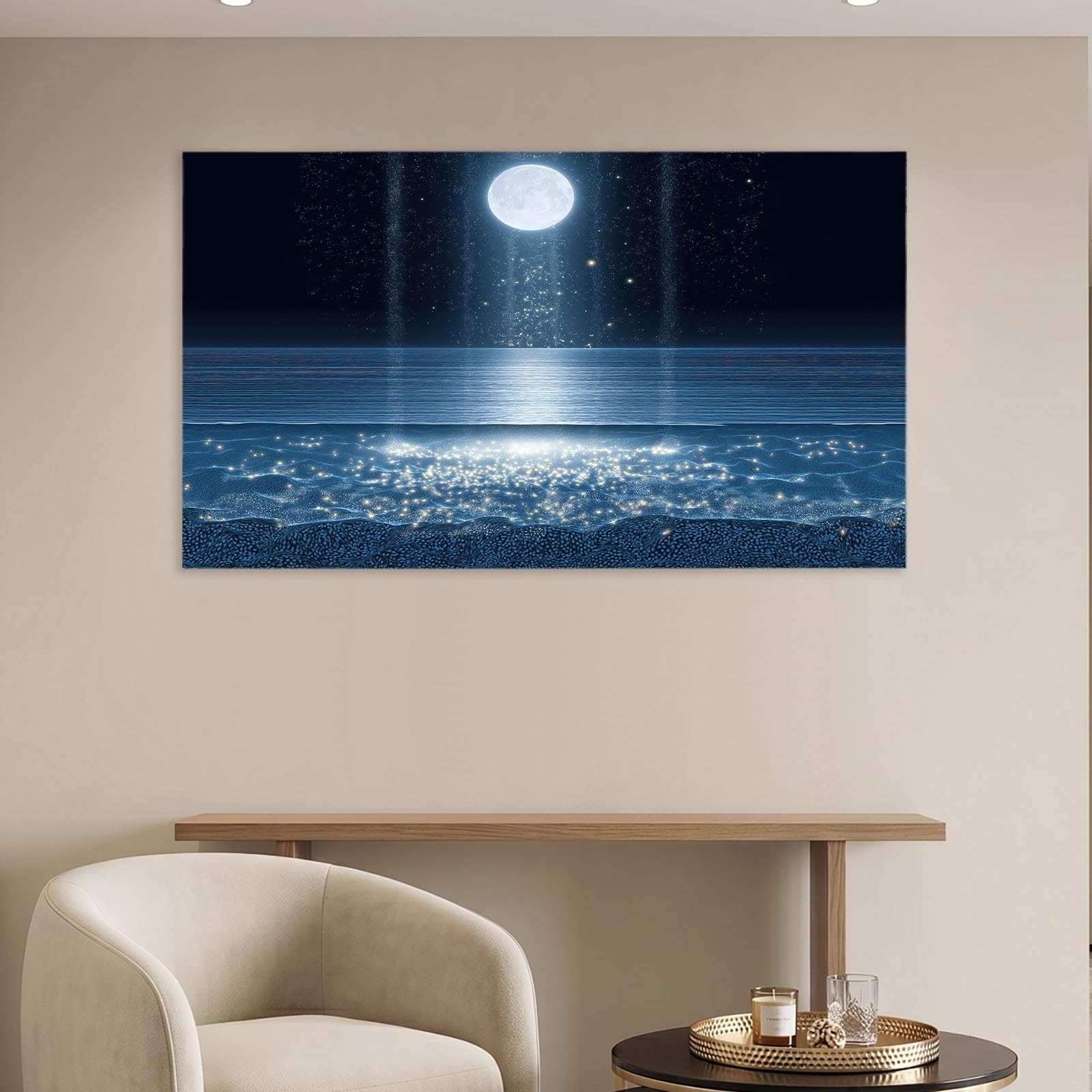 Generisch Lienzo de pared con marco de 120 x 60 cm negro de fantasía paisaje mural para sala de estar, dormitorio y oficina, paisaje marino, luna, decoración de pared, impresión HD, resistente a la