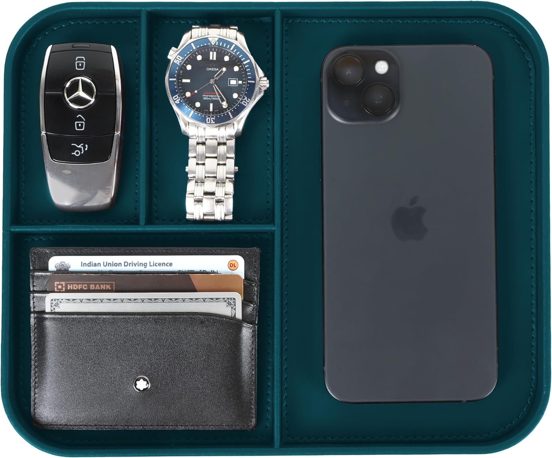 V-CUBE DESIGNS Rectangular Premium Vegan Leather Valet Tray|Stylish & Modern Office Desk Tray| Table/Bedside/Entryway Organiser For Everyday Essentials Like Keys, Phone, Watch, Wallet, Jewellery|Teal