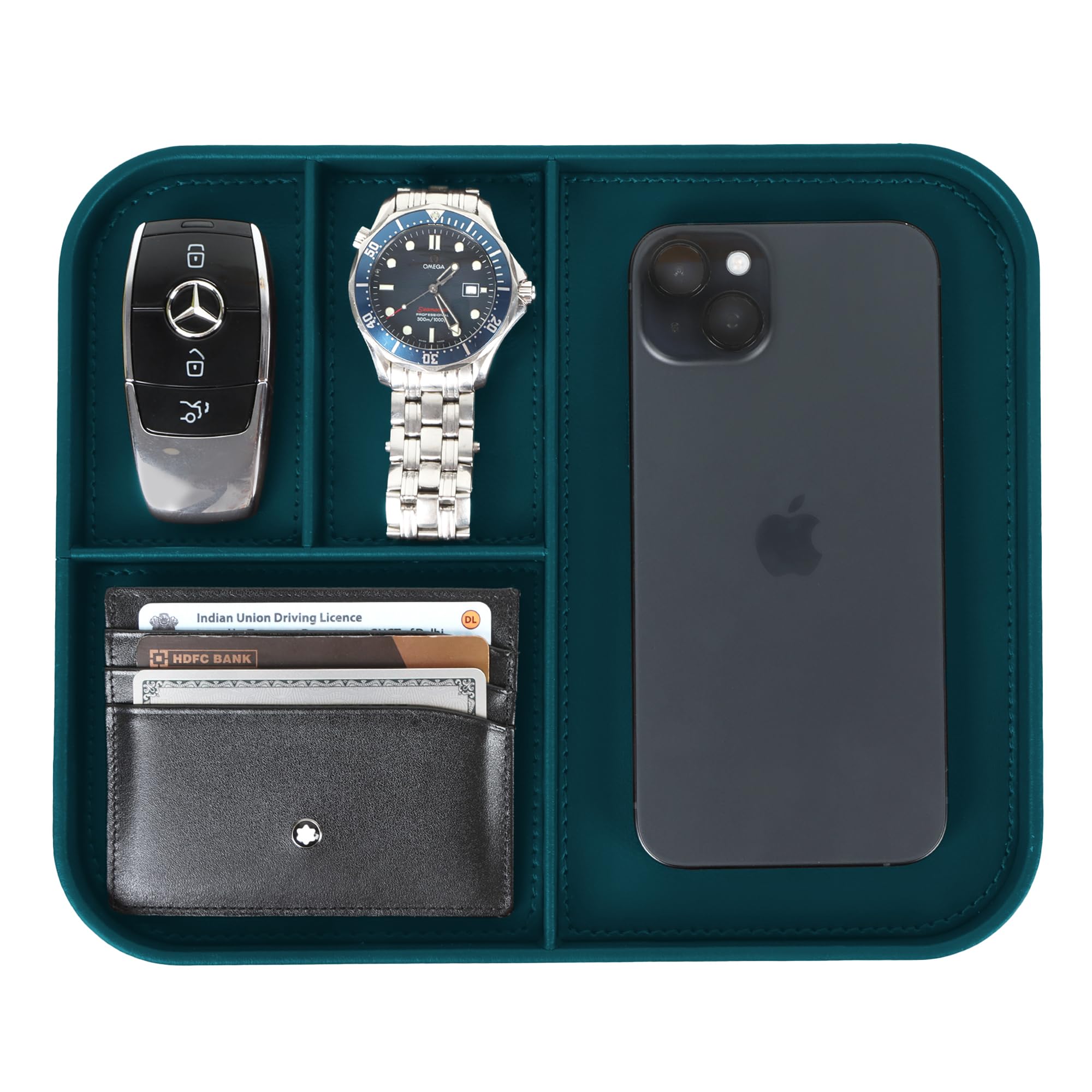 Rectangular Premium Vegan Leather Valet Tray|Stylish & Modern Office Desk Tray| Table/Bedside/Entryway Organiser For Everyday Essentials Like Keys, Phone, Watch, Wallet, Jewellery|Teal