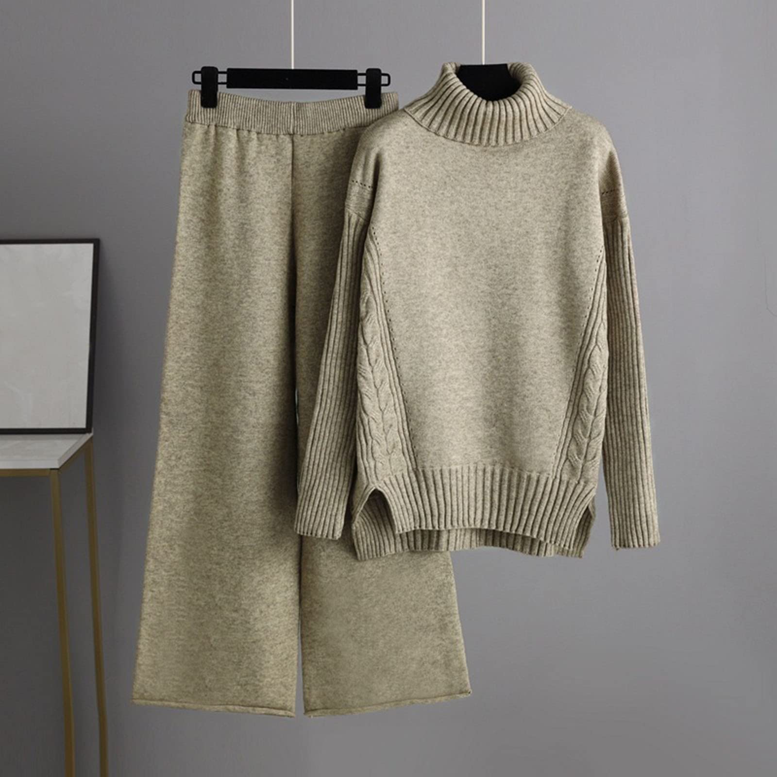 Hausanzug Damen Elegant Kuschelig Strickanzug Herbst Winter Strick - 2 - Teile Rollkragen Strickpullover und Baggy Weites Bein Hose Elegant Stricken Jogginganzug