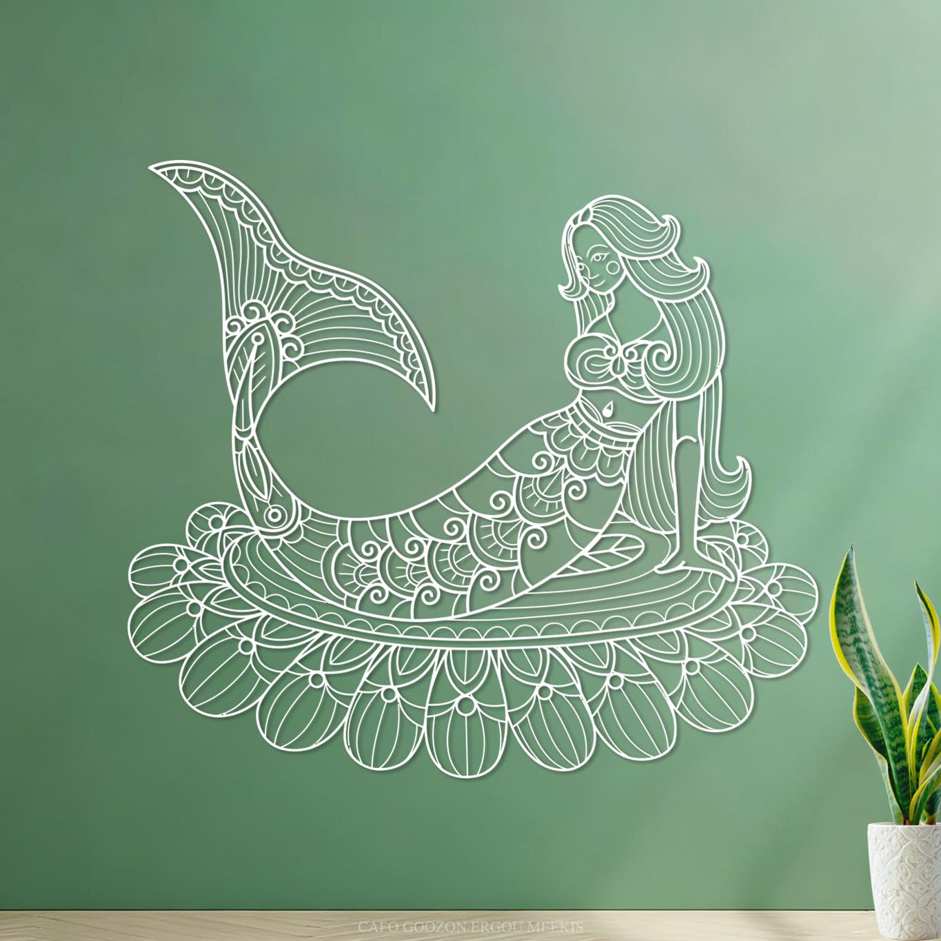 Beautiful Mermaid on Flower Hand Drawn Wall Stickers Paster Paper 67.2x75cm Wall beautification White