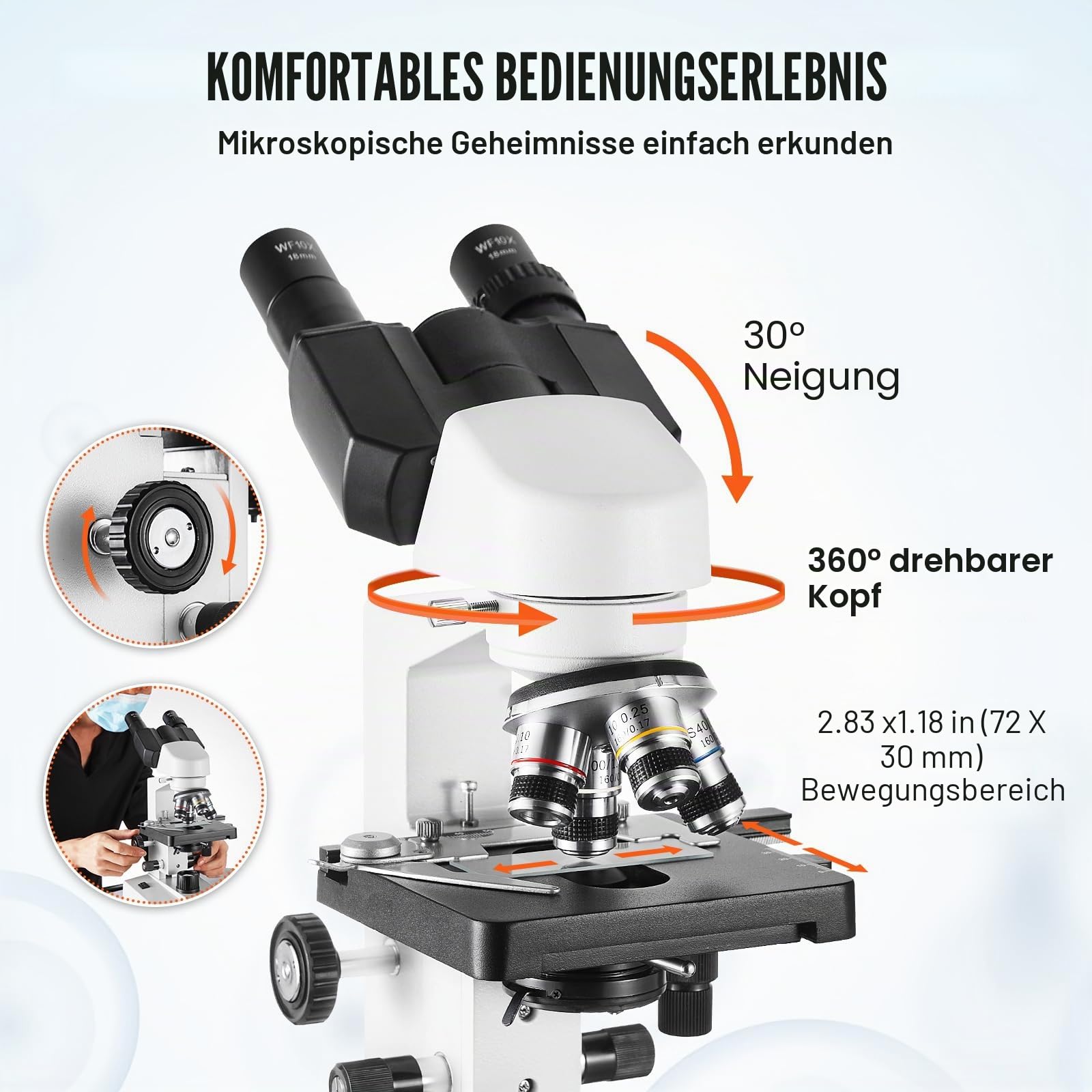 VEVOR Binokulares Mikroskop 10X, 25X, Compound Mikroskop, Objektive 4X, 10X, 40X, 100X, Labor Auflicht Binokulares Mikroskop Vergrößerung 40-2500, 100–240 V Labormikroskop Verbundmikroskop