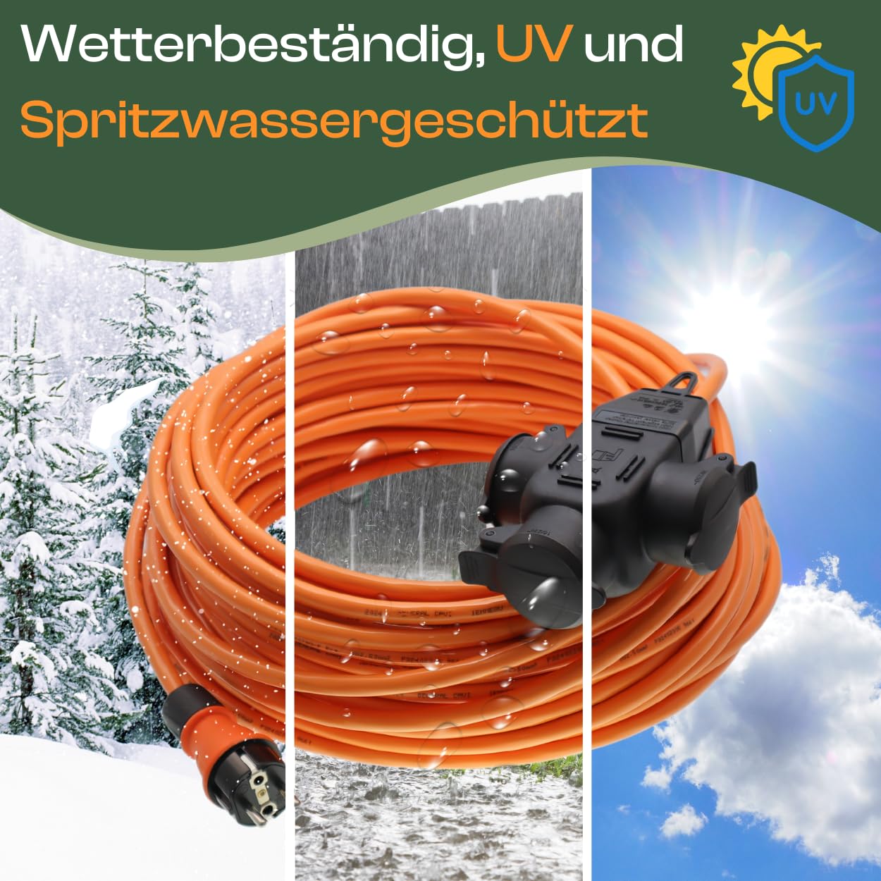 maxgo Verlängerungskabel 10m Außen 3-Fach Verteiler H07BQ-F 3x1,5 Panzerleitung Stromkabel Außenbereich Schuko Verlängerung 10 Meter Outdoor Verlängerung Kabel Mehrfachstecker Multisteckdose