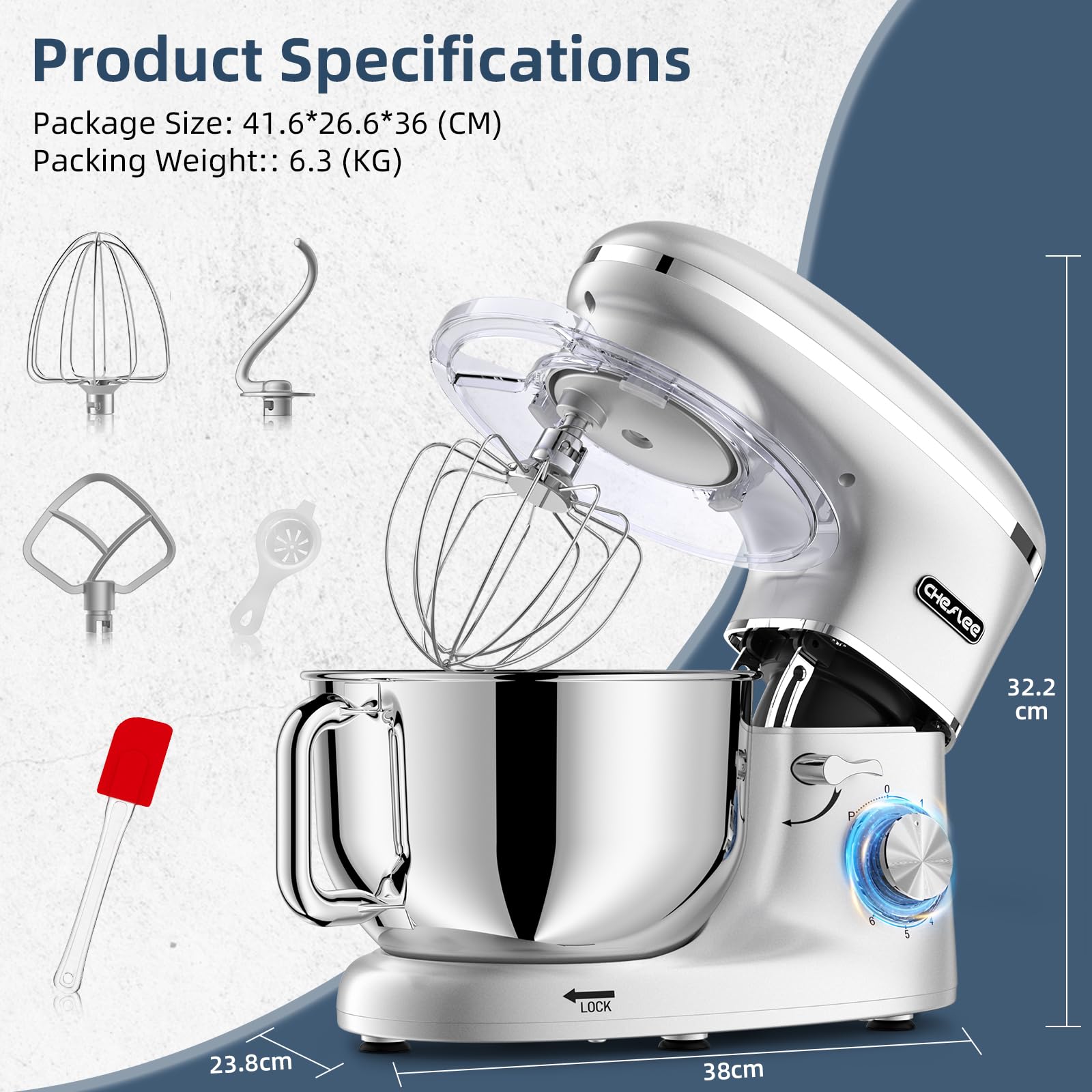 CHeflee Robot Pâtissier, 2000W Robot Pétrin, 6.2 L Robot de Cuisine Multifonction Faible Bruit avec Bol en Acier inox de,Batteur, Fouet & Crochet 6 Vitesses