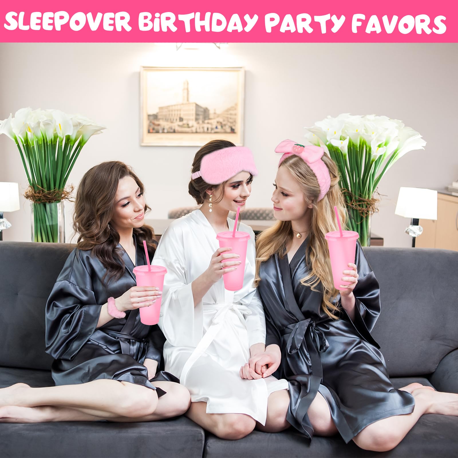 30 Pièces kit Soirée Pyjama Fille Cadeau 6 Chouchous Mignons Pour Femmes 6 Spa Masques de Sommeil En Peluche Rose 6 Gobelets à Paillettes RéUtilisables 6 Bandeaux de Maquillage 6trousses de Maquillage