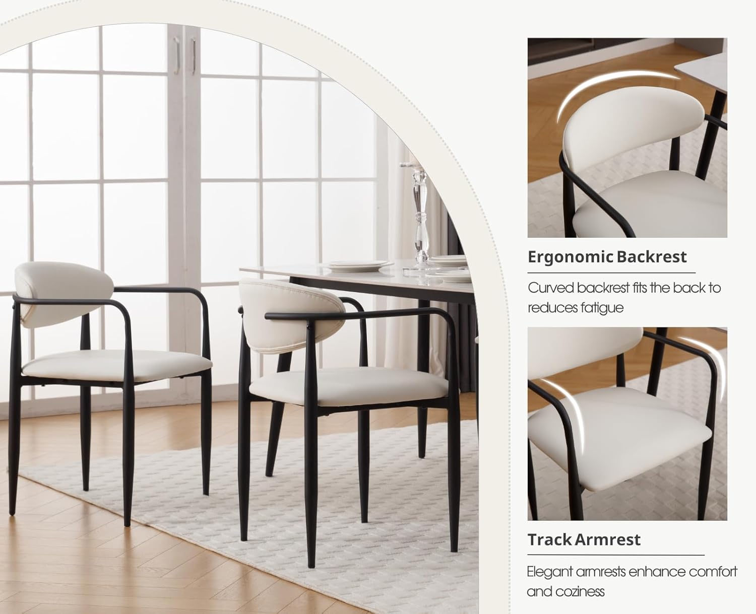 CIMOTA Modern Leather Dining Chairs Set of 8, White Upholstered Open Back Kitchen Side Chairs Barrel Accent Arm Chair with Black Metal Frame for Dining Room/Living Room/Bedroom, Cream