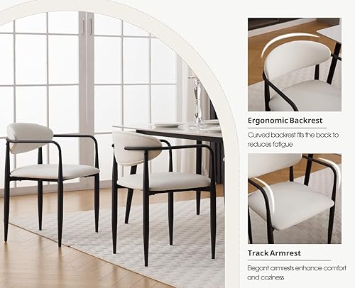 Miniatura 4 de CIMOTA Juego de 2 sillas de comedor modernas de cuero blanco, sillas de comedor con brazo y patas de metal negro, sillas laterales de cocina, silla