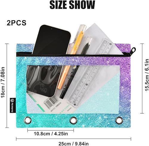 Miniatura 3 de Estuche para lápices con purpurina azul y rosa para lápices de 3 anillos con cremallera, estuche transparente para lápices, bolsas para cosméticos