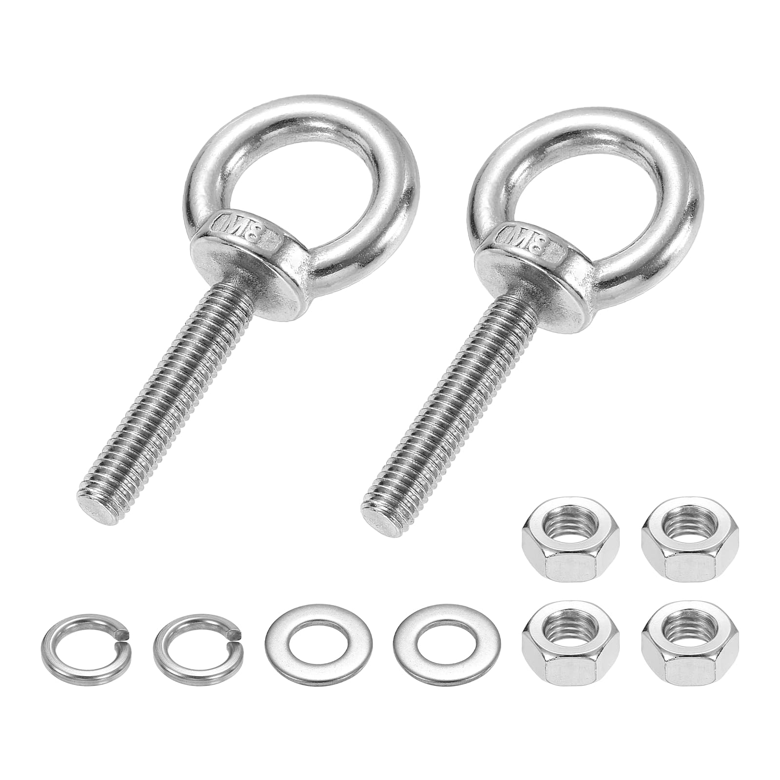 PATIKIL M8 x 40mm Eye Bolt, 2Pcs 304 Stainless Steel Thread Lifting Ring Set Shoulder Eyebolt with Lock Nuts Flat Washers for Hanging Hammocks Articles, Silver