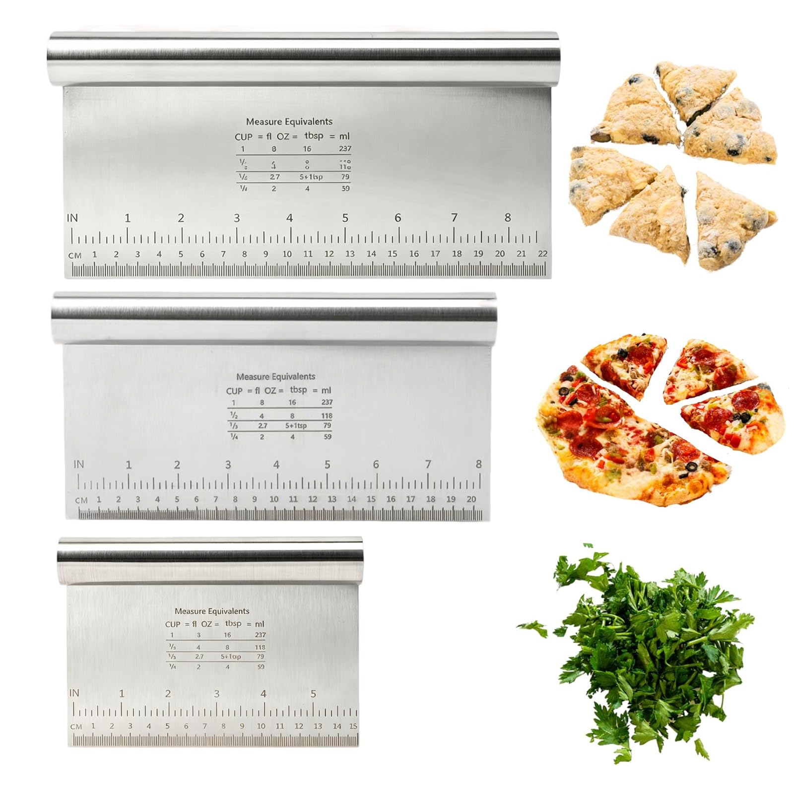 Pack of 3 Stainless Steel Dough Scrapers, 15/20/22cm Dough Cutters with Measuring Scale, Non-stick Dough Cutter Dough Card, Dough Spatula Baking Utensils for Cake, Pizza, Cookie