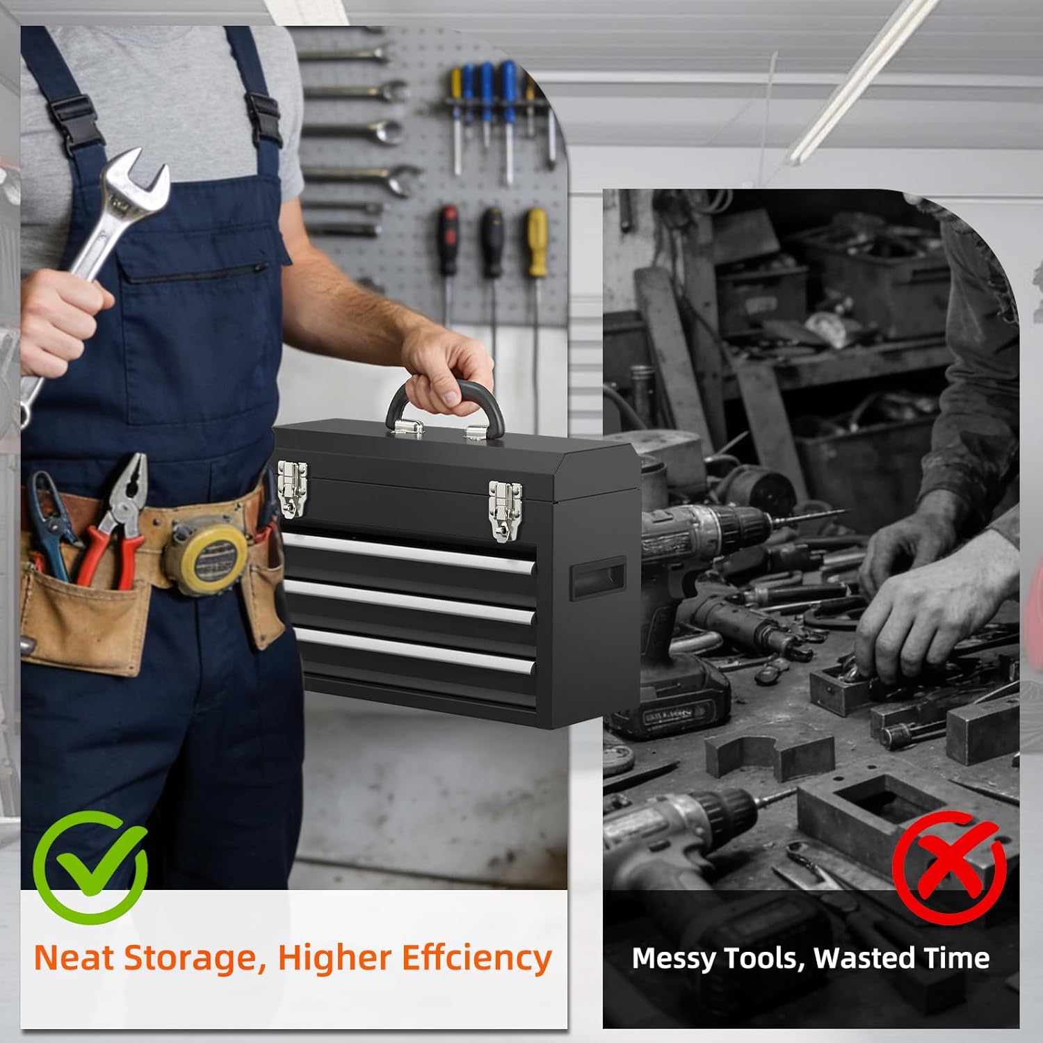 Heavy-Duty Metal Tool Chest with Drawers, Powder-Coated for Garage & Home (Black)