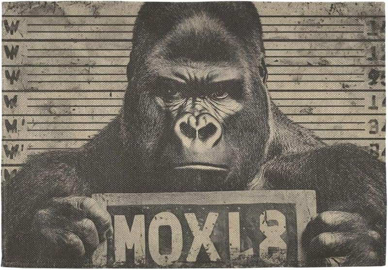 Gorilla Portrait Burlap Placemats 6-Pack Non-Slip | Faux linen texture, Non-slip backing, Reversible print, 6-pack 12x18in, Machine washable, Stain-resistant, Daily dining