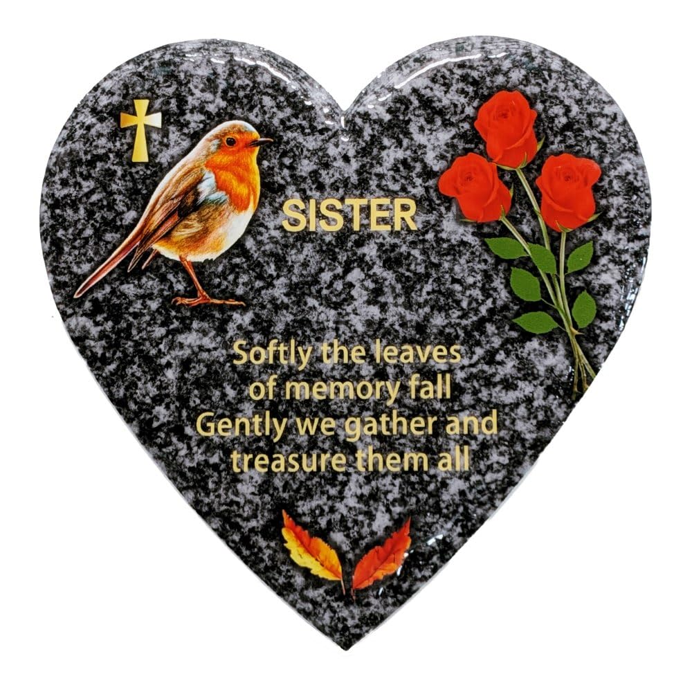 In Memoriam Heart Shaped Tile Grave Plaque (20 x 20 cm Granite finish) (Sister, Heart 20 cm (Granite))