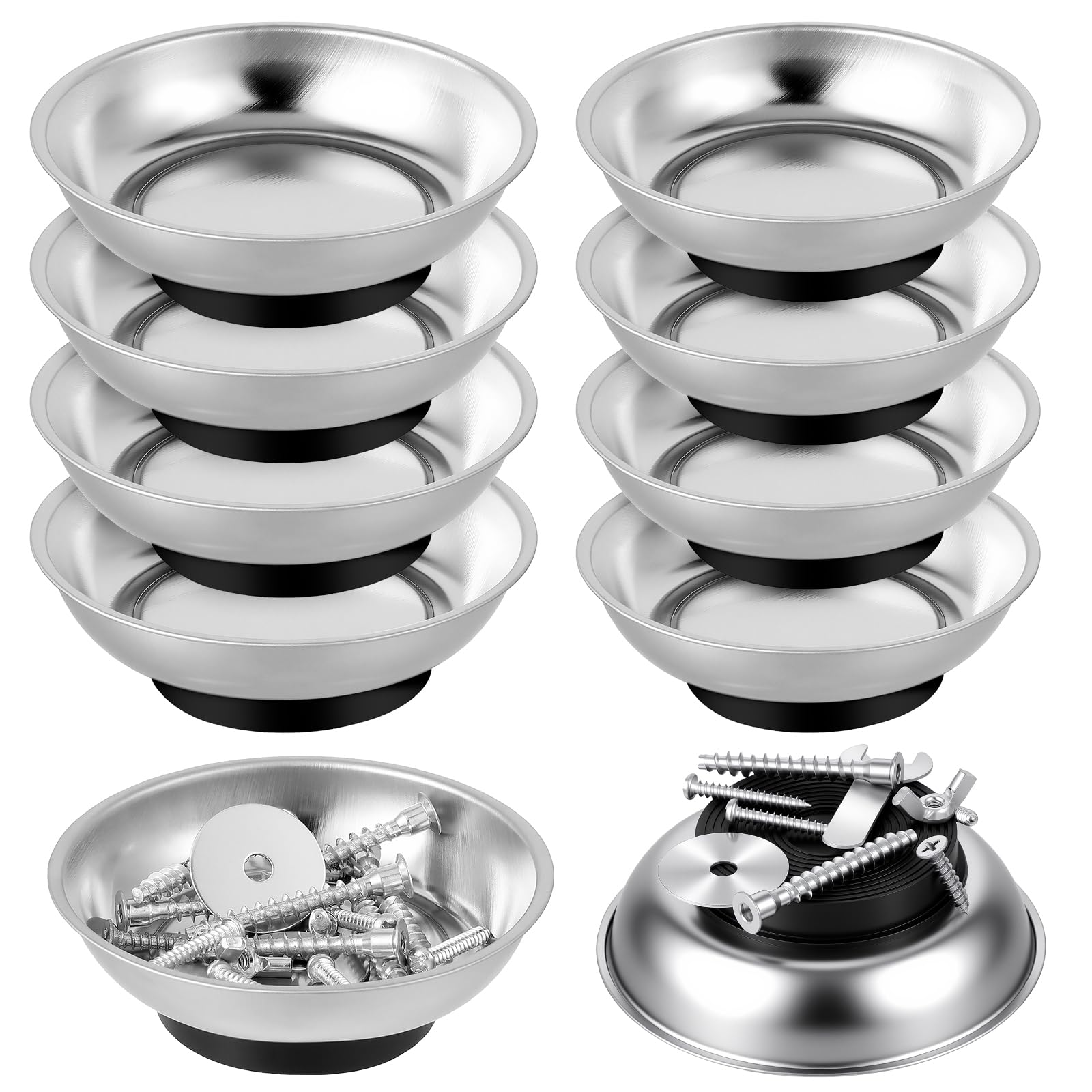 8 Pack 3 Inches 4 Inches Round Magnetic Tray, Stainless Steel Magnetic Bowl, Round Magnetic Parts Tray for Pins, Screws, Bolts, Nuts, Small Parts