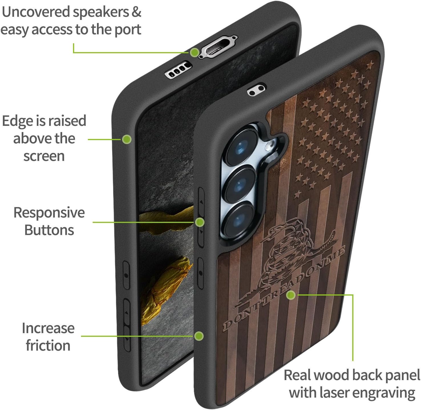 Carveit Wood Case for Galaxy S24 FE - Natural Wood & Black Soft TPU - Shockproof Protective Cover - Unique Wooden Design - American Flag (Walnut)