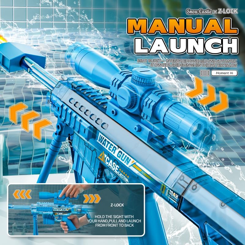 Barrett Electric Water Gun Sniper - One-Click Automatic Water Blaster with Flashing Lights, Linkage Reloading, Modular Battery, Long Range, Summer Pool Beach Toy Gift for Kids Adults (Black)