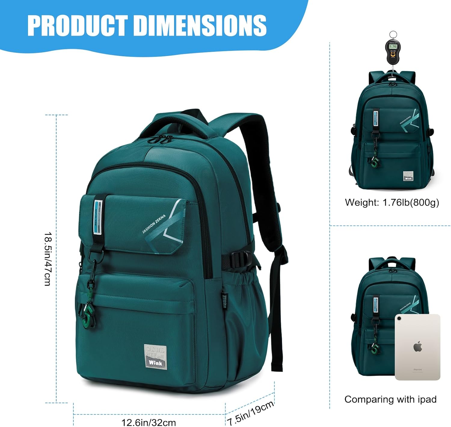 ZHIERNA School Backpack for Men, laptop backpack Elementary Middle High Bookbags for Teens Boys Waterproof Lightweight Casual Daypack(Dark Green) - Image 2