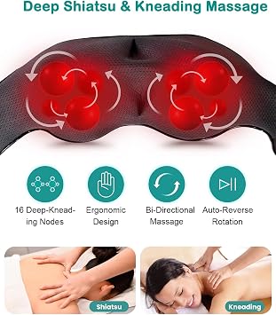 Shiatsu Neck and Shoulder Massager with Heat - Electric 3D Deep Tissue Kneading for Back, Waist and Limbs Pain Relief - Plug-in for Home/Office/Car, Unisex for Office Workers