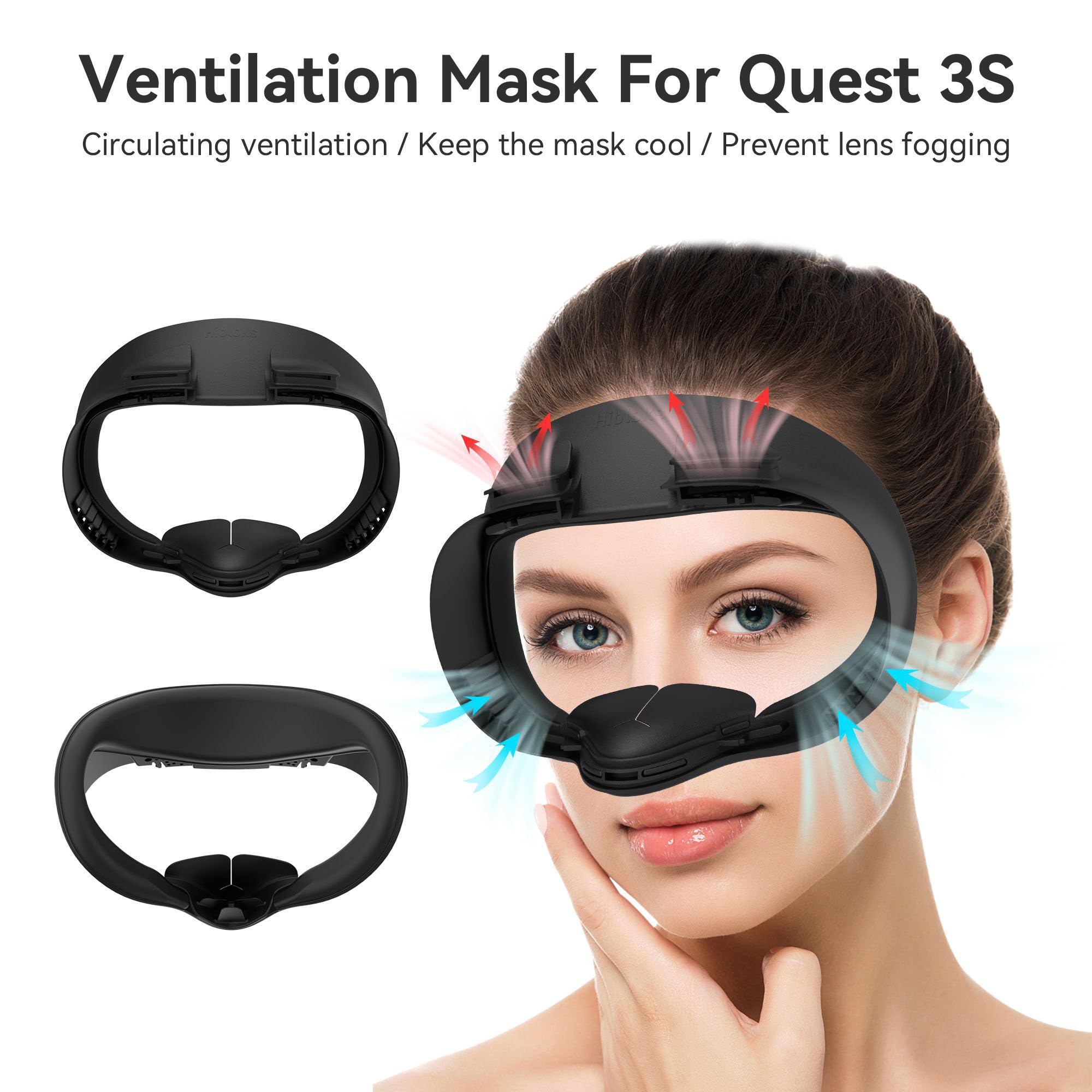 HiBloks - Interfaz facial con ventilador de refrigeración para accesorios Meta Quest 3S, 2 almohadillas de cubierta facial compatibles con el enfriador de ventilador Oculus Quest 3S, interfaz facial