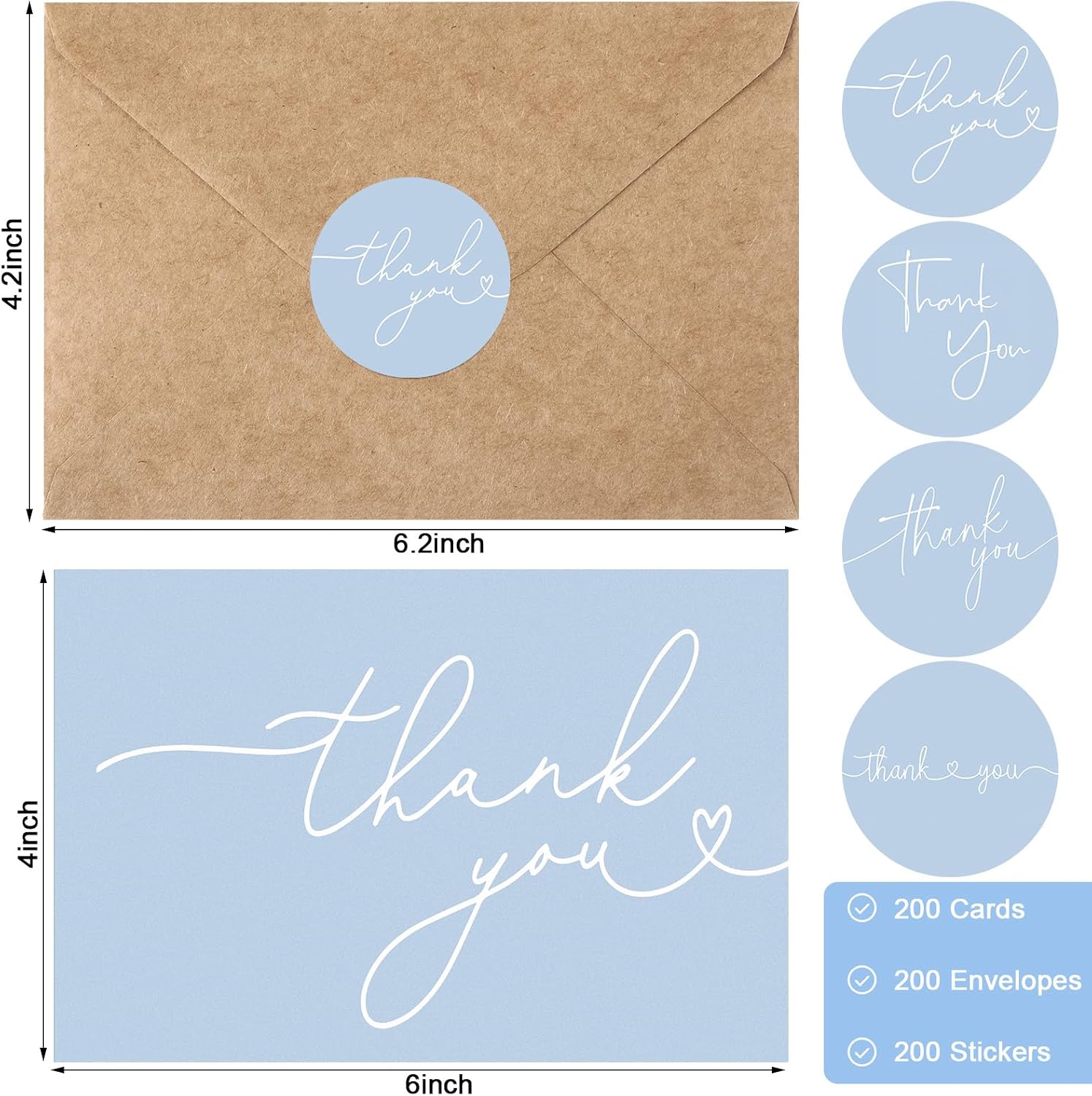 Teling 200 Set Thank You Cards with Envelopes Bulk, 6 x 4 Inch Blank Thank U Greeting Notes with Brown Kraft Envelopes Stickers Thankyou Card Set for Graduation Wedding Birthday Baby Shower(Blue)