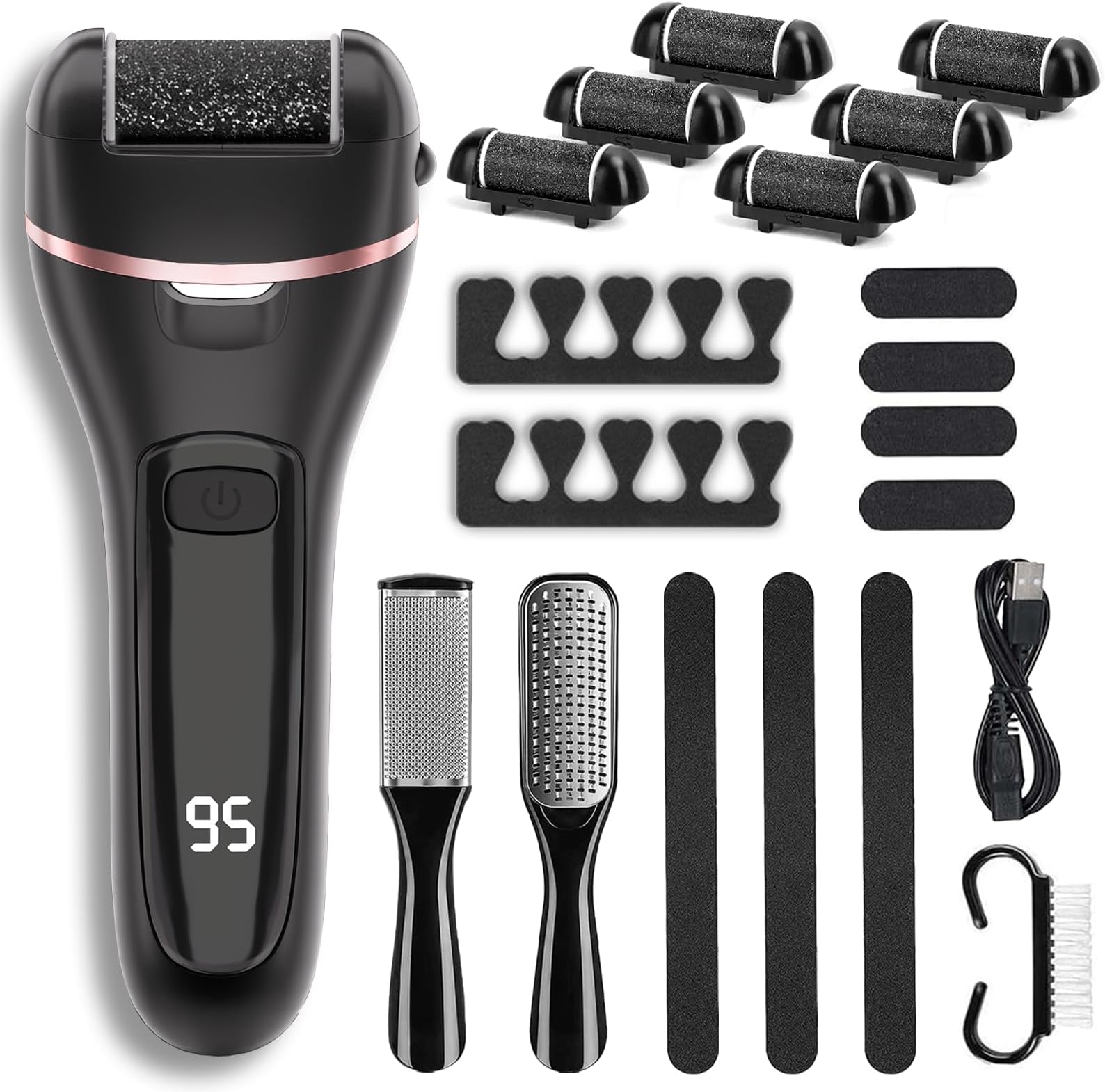 Rechargeable Electric Callus Remover for Feet with 6 Roller Heads, Dual-Speed Foot File, Waterproof Pedicure Kit for Smooth Skin and Foot Spa