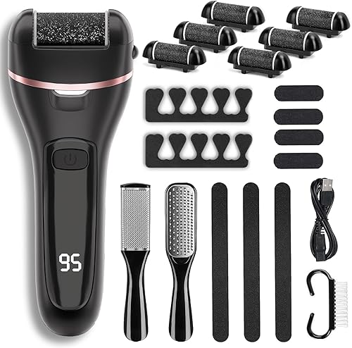 Vista 8 de Wea&Hea Removedor eléctrico de callos para pies, kit de pedicura profesional 30 en 1 con 9 cabezales de rodillo, lima de pies recargable e