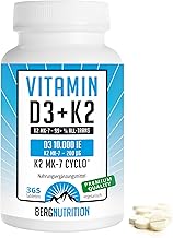 Berg Nutrition K2 MK7 200μg + Vitamin D3 10,000 IU 365 tablets High dose 10 daily dose (1 tablet/10 days - equivalent to 1,000 IU/ day)
