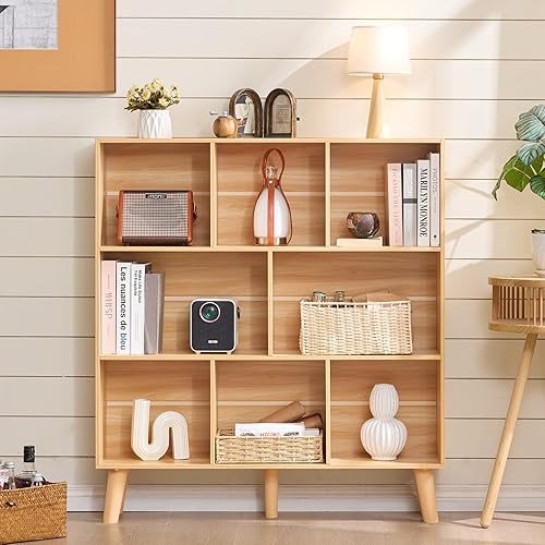 Miniatura 5 de LEYAOYAO Estantería de madera de 8 cubos, estantería natural de 3 niveles con patas, organizador de almacenamiento abierto moderno, estantería