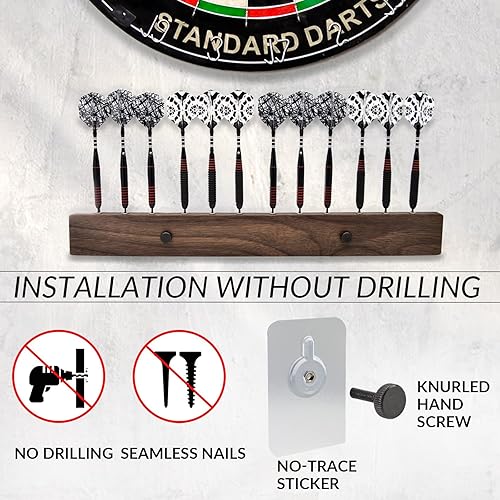 Miniatura 3 de DIMBOI Soporte de pared para dardos de madera de nogal, 4 juegos para un total de 12 dardos de punta de acero/suave, con marcador de línea de