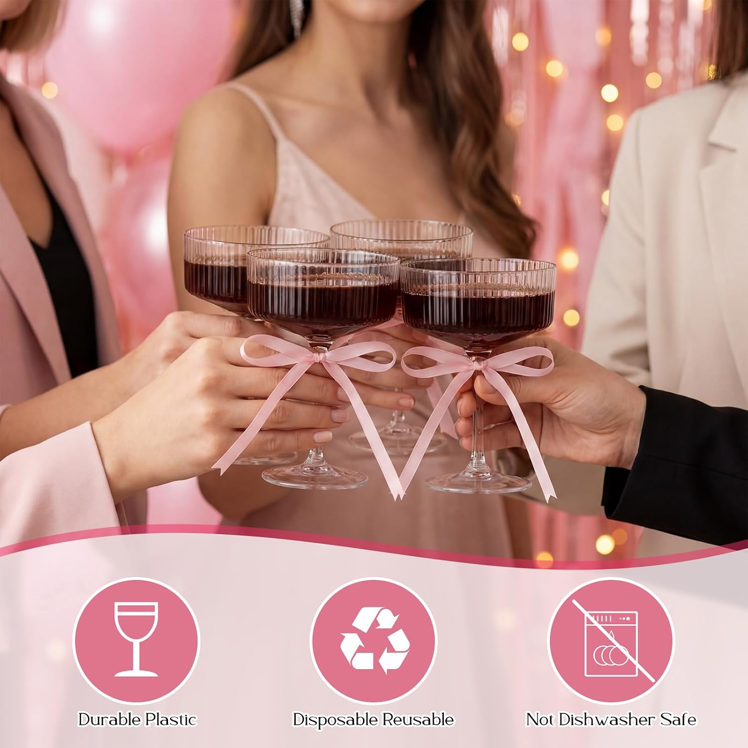 LemonRoad 60 Set 10oz Plastic Champagne Coupe Glasses with Bow Bulk Wedding Champagne Tower Set Acrylic Ribbed Martini Glasses Cocktail Coupe Cup for Birthday Bar Party Supplies(Pink Bow)