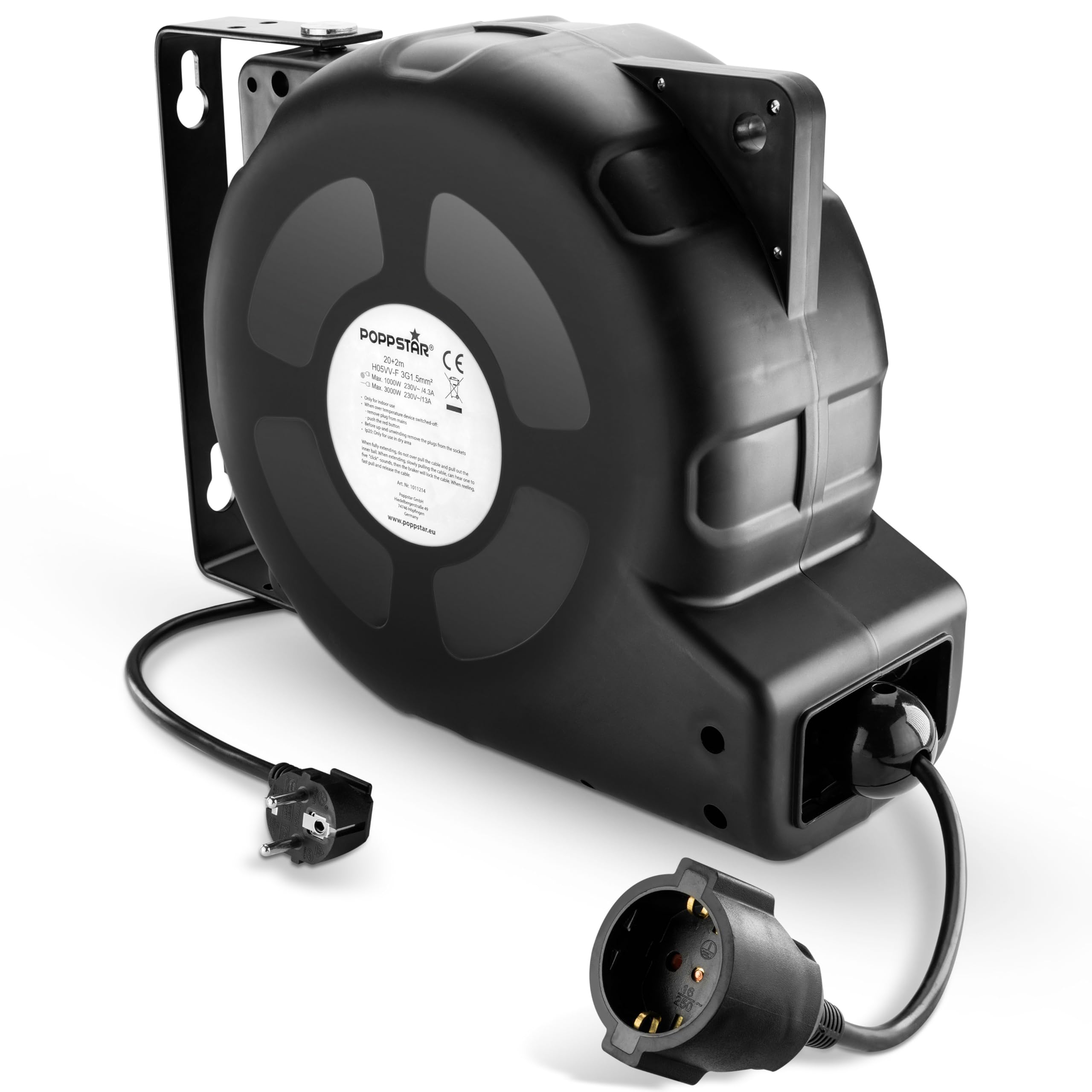 Poppstar Enrollador de cable automático 20m + 2m (máx. 3000W) Carrete de cable automático autoenrollable IP20 con interruptor de protección térmica