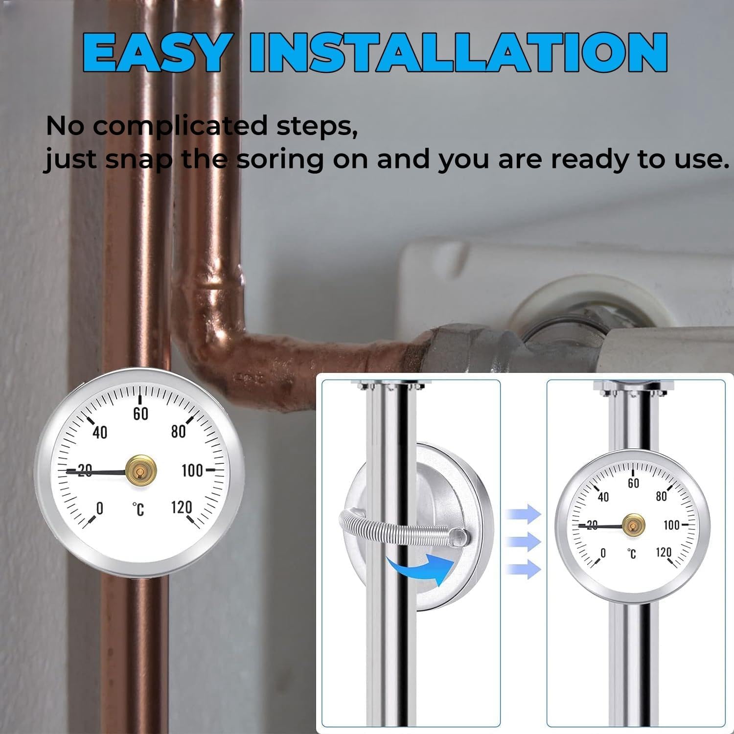 2 Stück Anlegethermometer Heizungsrohr 0-120C 63MM, Heizkörper-Thermostat zur Temperaturregelung an Radiatorrohren mit bimetallischem Federstahlkontakt und Edelstahloberfläche