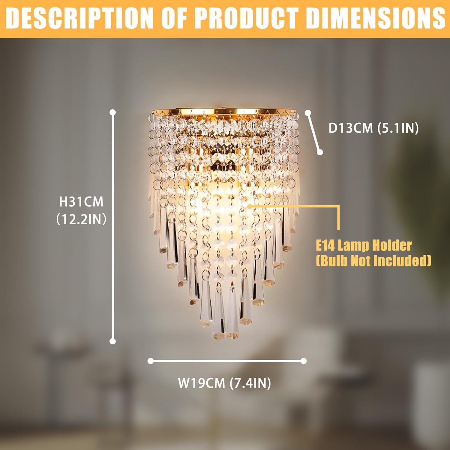 Aomesinc Modern Crystal Wall Sconce Light Gold Indoor Wall Light Fixture K9 Crystal Drops Lamp for Living Room Bathroom Bedside Hallway(Without Bulb)