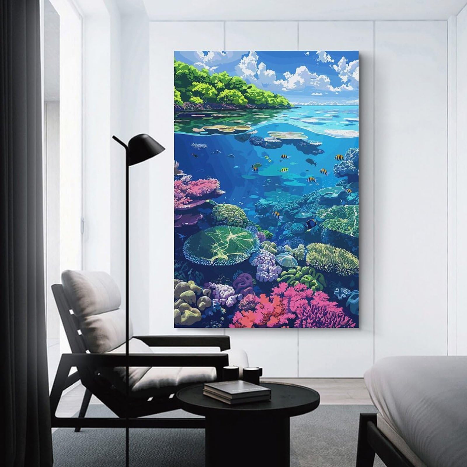 Junmoney Vibrant Coral Reef Ecosystem Illustration Hanging Wall Art 12x18inch(30x45cm), for Study, Office Or Focused Interiors, Wall Art That Adds Style to Work Areas