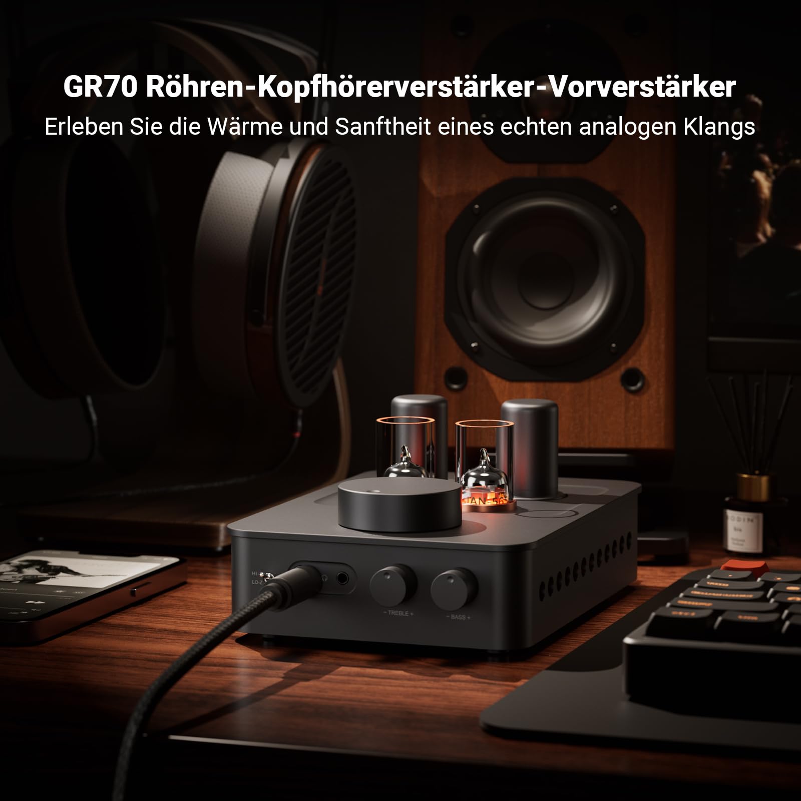 Fosi Audio GR70 Röhren Kopfhörer Verstärker, Authentische Röhren-Verstärkung Preamp mit Vakuum, Mini-HiFi-Vorverstärker für Home Audio, 3.5mm & 6.35mm Klinkenbuchsen, Unterstützt 16-300 Ohm Impedanz