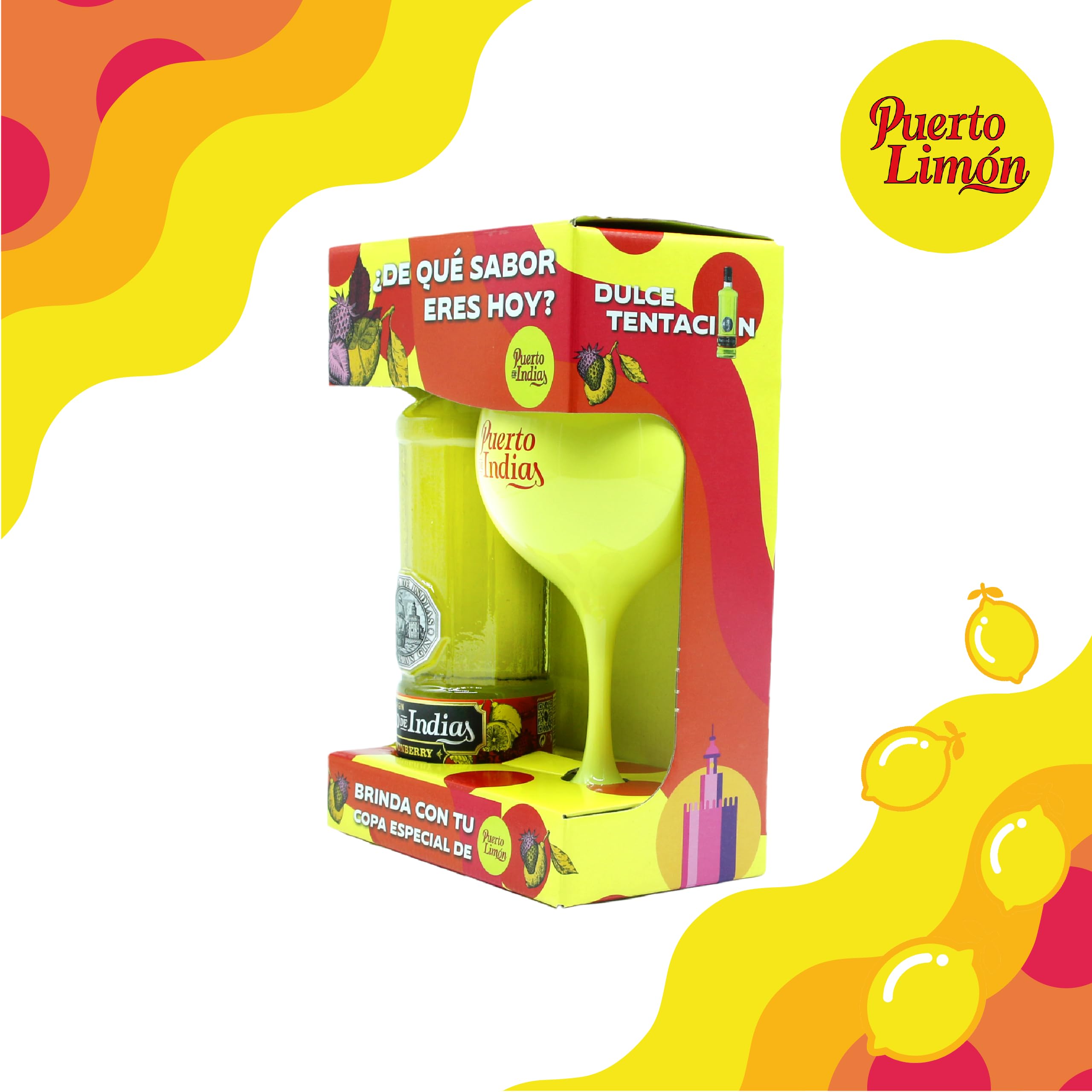 Puerto de Indias – Pack Ginebra de Limon Premium + Copa de Cristal Amarilla de Regalo – Pack Lemonberry Premium Gin – 70 cl – 37.5º