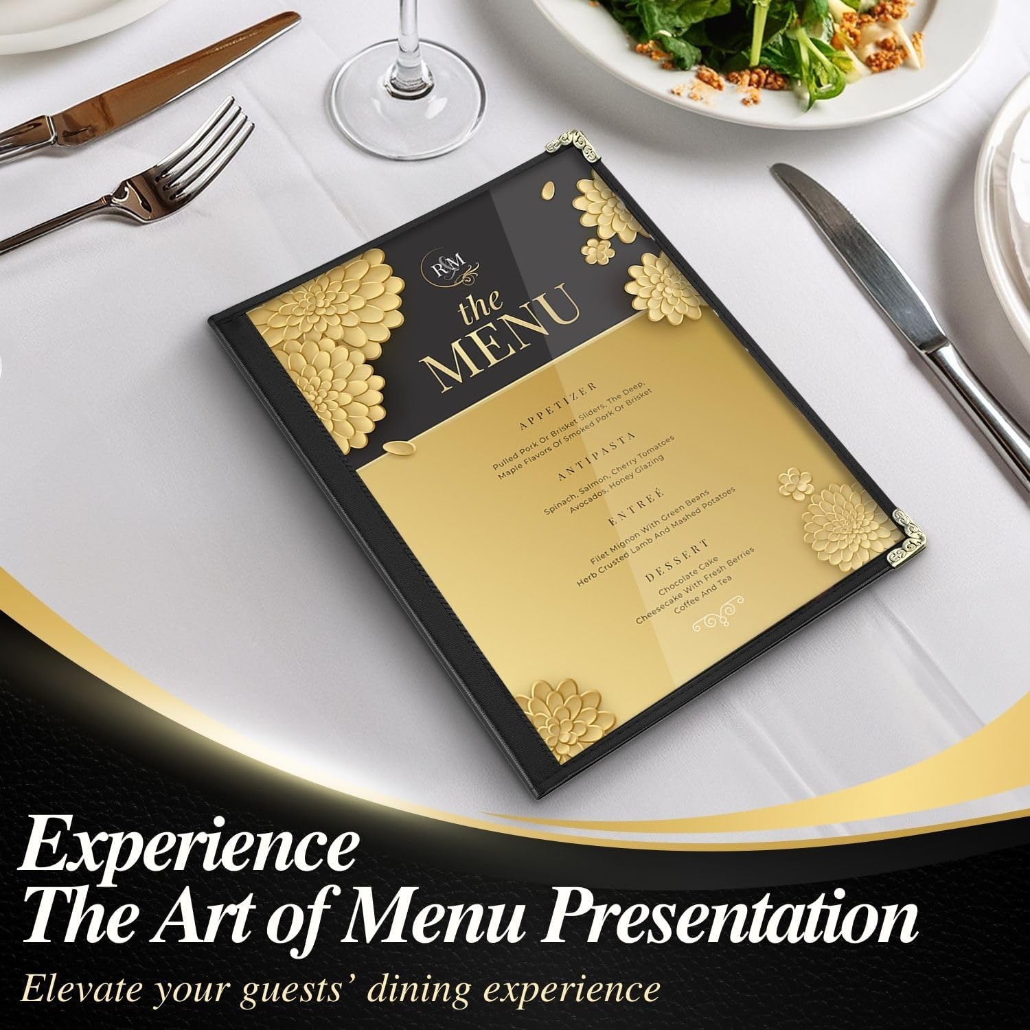 Flexzion Trifold Menu Covers 8.5 x 11 Inch (12 Pack) - Triple Stitched Menu Holder with 3 Pages 6 Views - Transparent Clear Menu Book Covers with Gold Metal Corner for Restaurant, Hotel, Cafe
