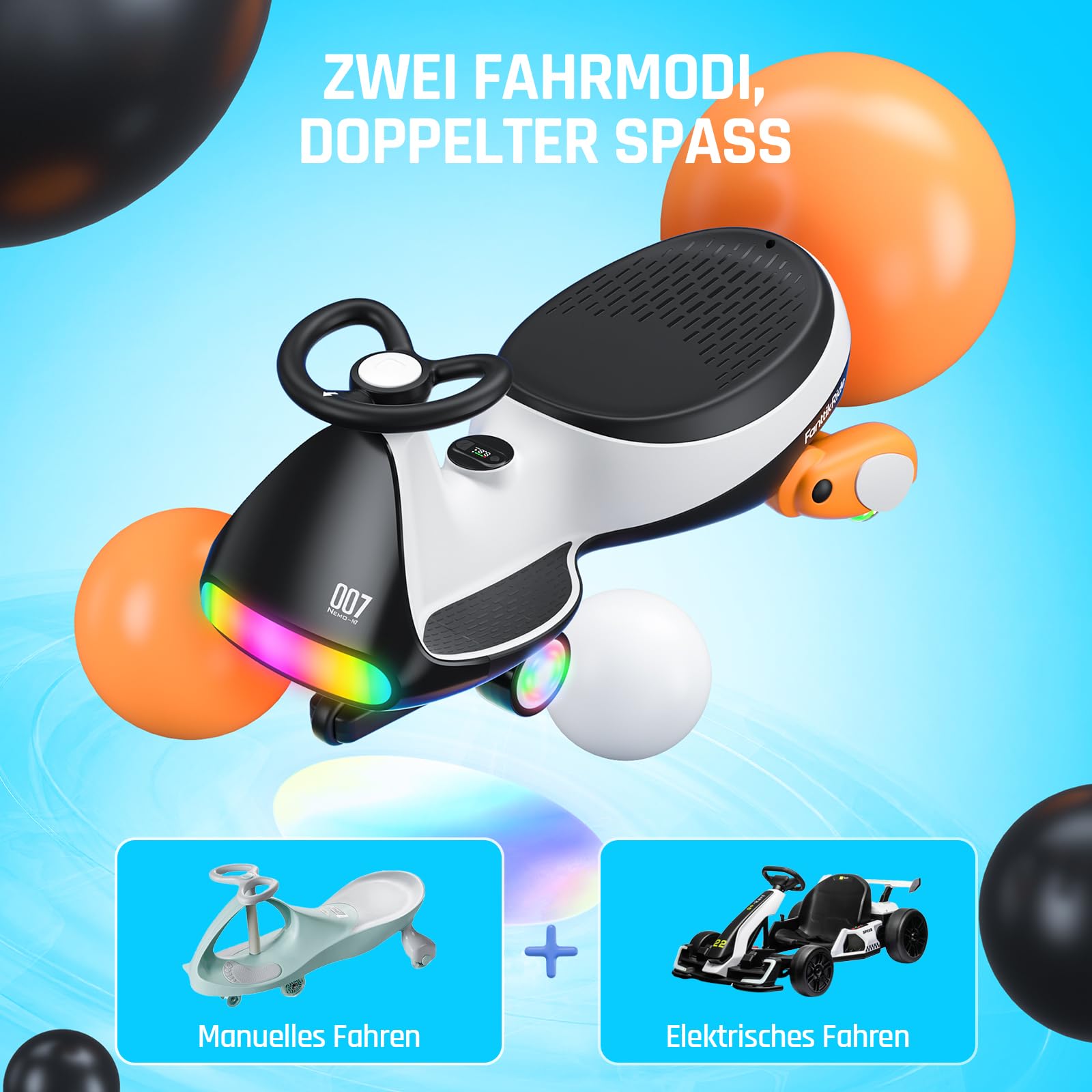 FanttikRide N7 Ultra Elektrisches Wackelauto mit wiederaufladbarem Typ-C-Akku, Ultraleise, 2 Geschwindigkeiten bis maximal 6 km/h, 9 Farbmodi, Digitalanzeige, für Kinder ab 3 Jahren, Pinguin Schwarz