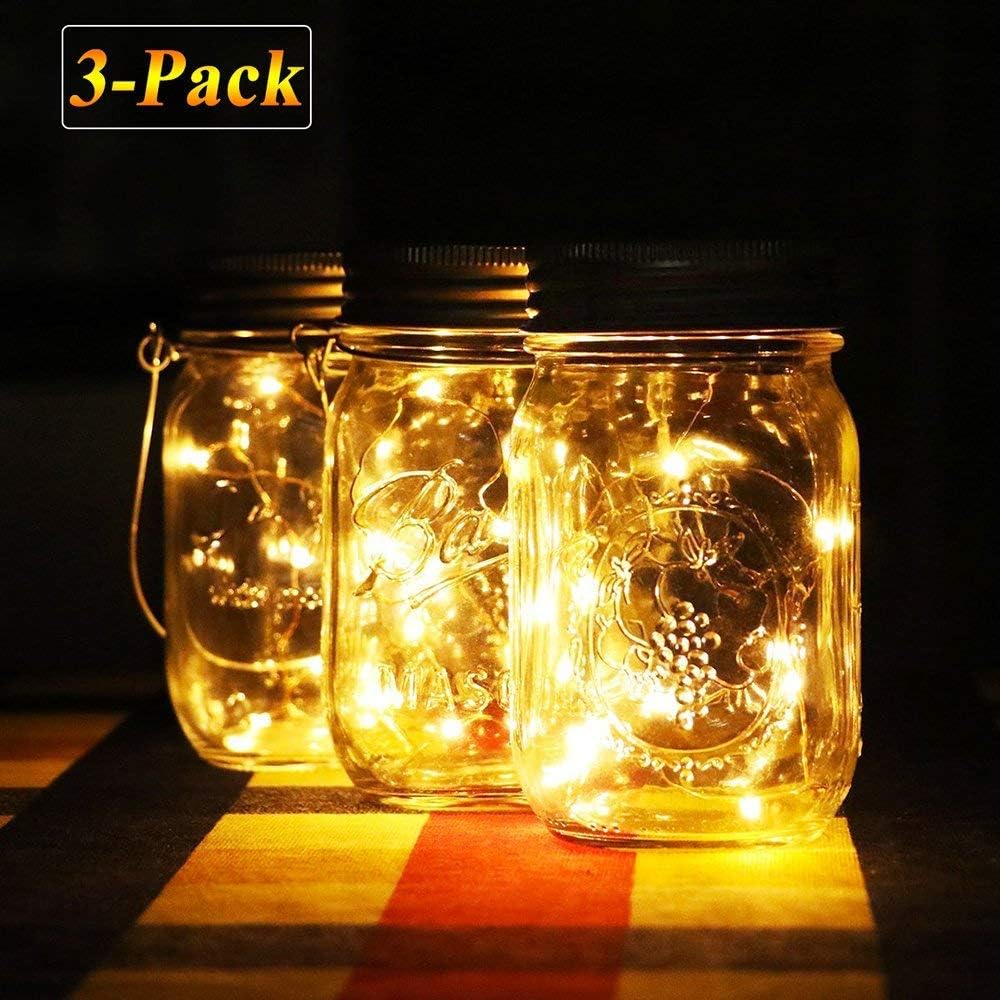 Solar Mason Jar Lights Fairy Lamp with Waterproof Jar Lid, Jar String Light, Indoor and Outdoor Decorative Lantern for Garden Desk Path Tree Holiday Wedding Party Lighting (Warm White- 3Pack)