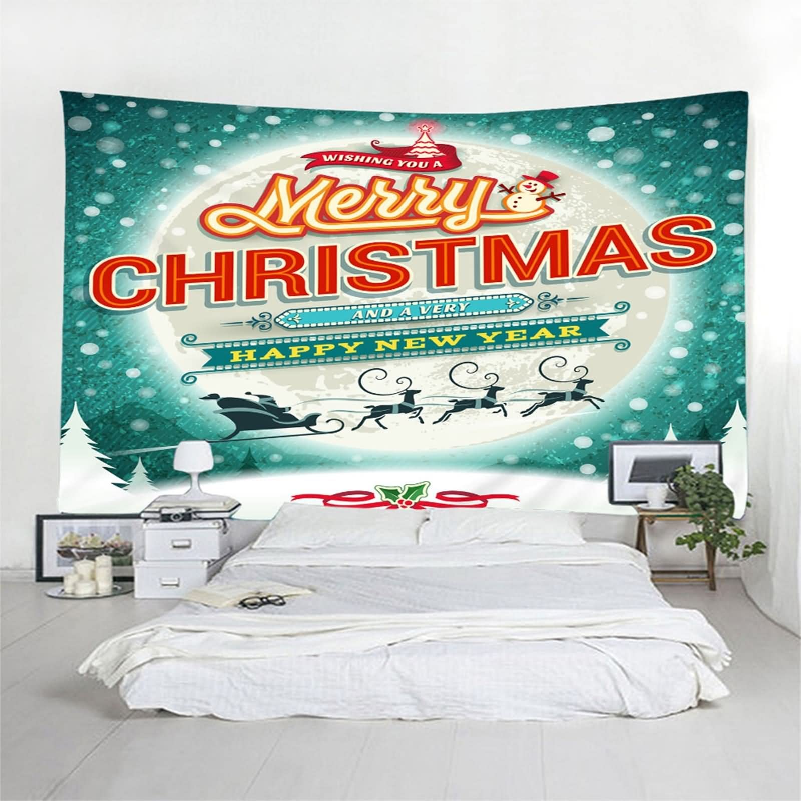 Tapisserie Fenster, Wandbehang Frohe Weihnachten Weihnachtsmann und Elch Weiß und Grün Polyester 350X256cm