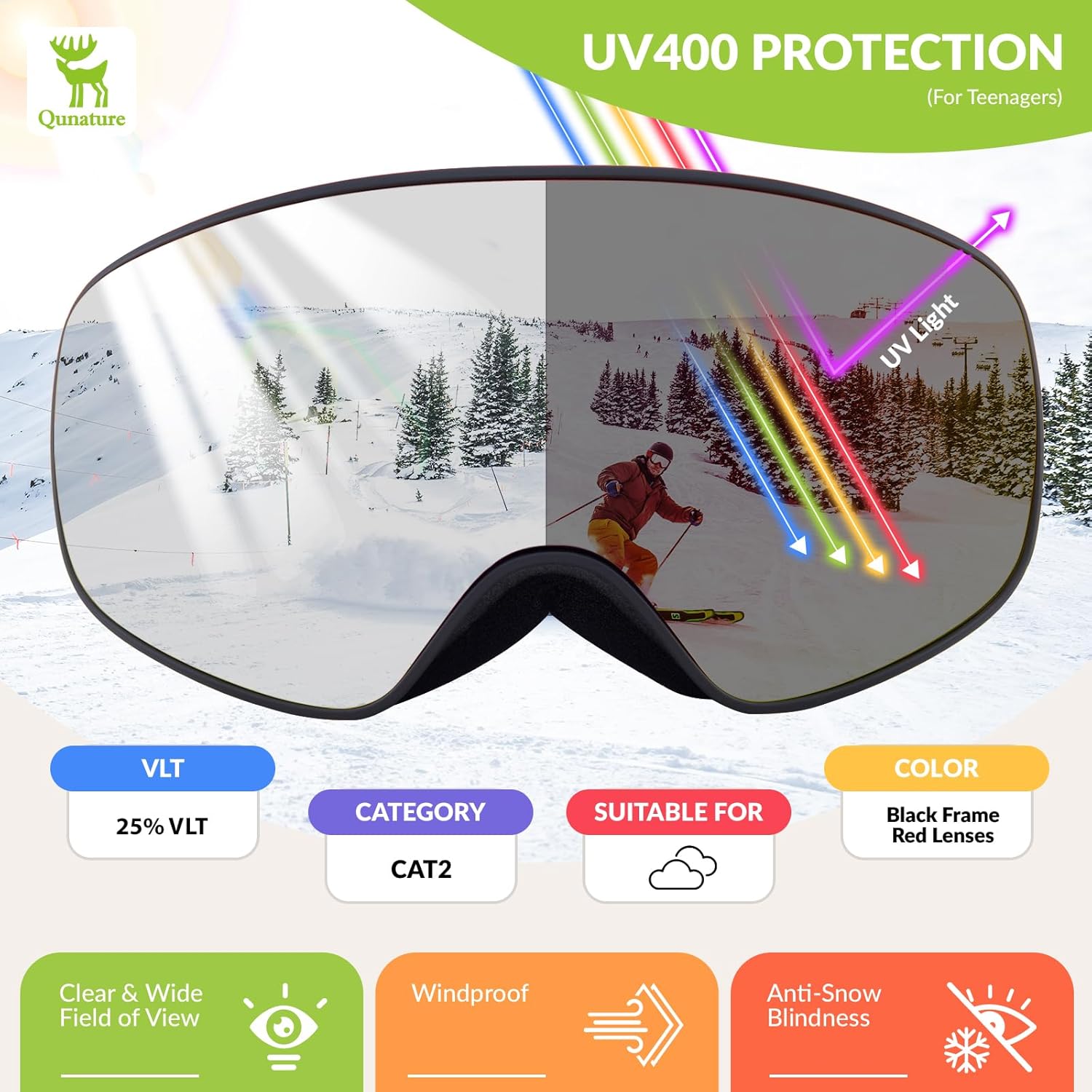 Kids Ski Goggles OTG Anti-Fog Snow Snowboard Goggles for Boys Girls Youth Over Glasses 100% UV Protection