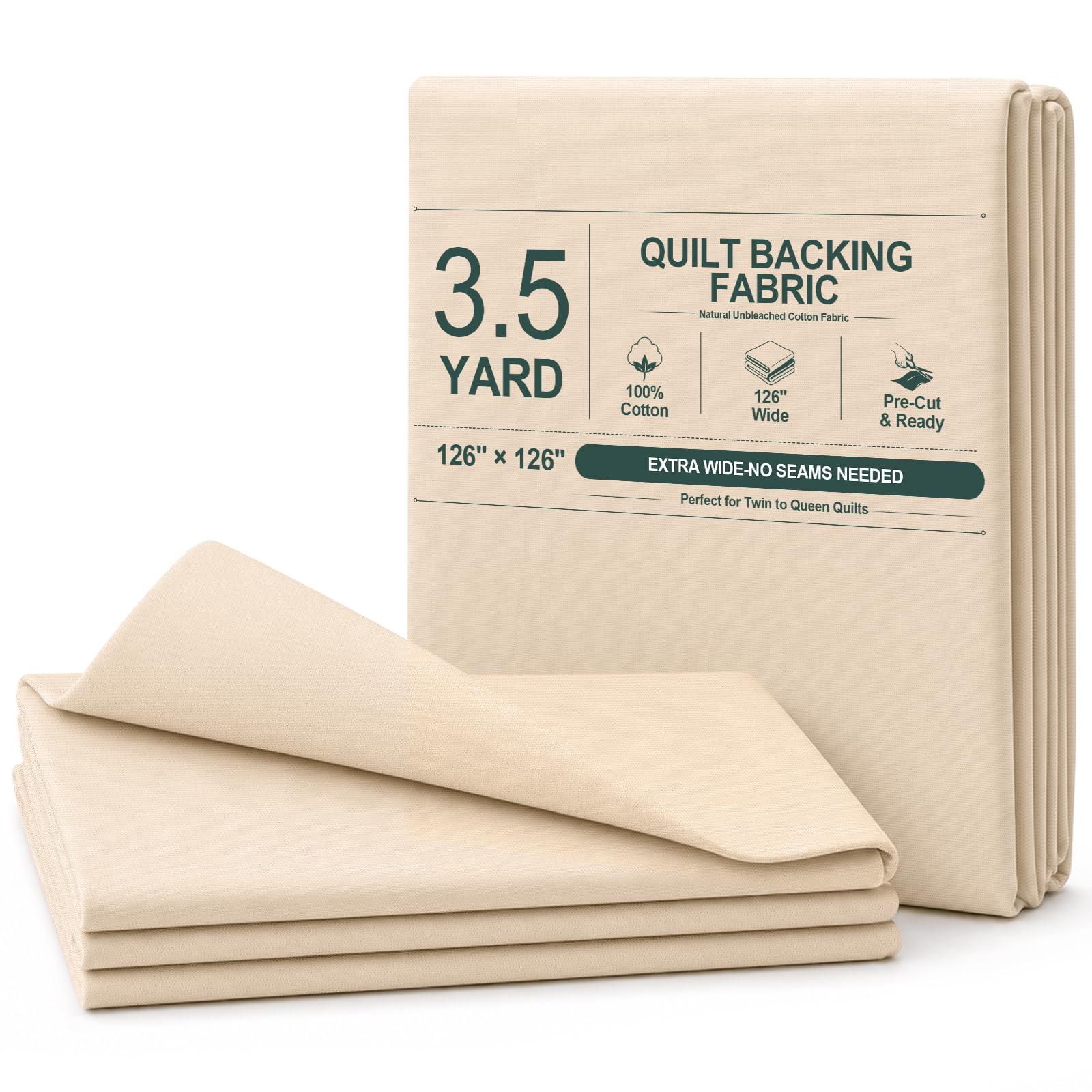 Homerak Extra Wide Quilt Backing Fabric 126 Inch Wide, 100% Cotton Quilting Fabric by The Yard, Natural Unbleached Quilt Backing Fabric for Sewing Quilting and Craft, 3.5 Yard Cut — 126" x 126"