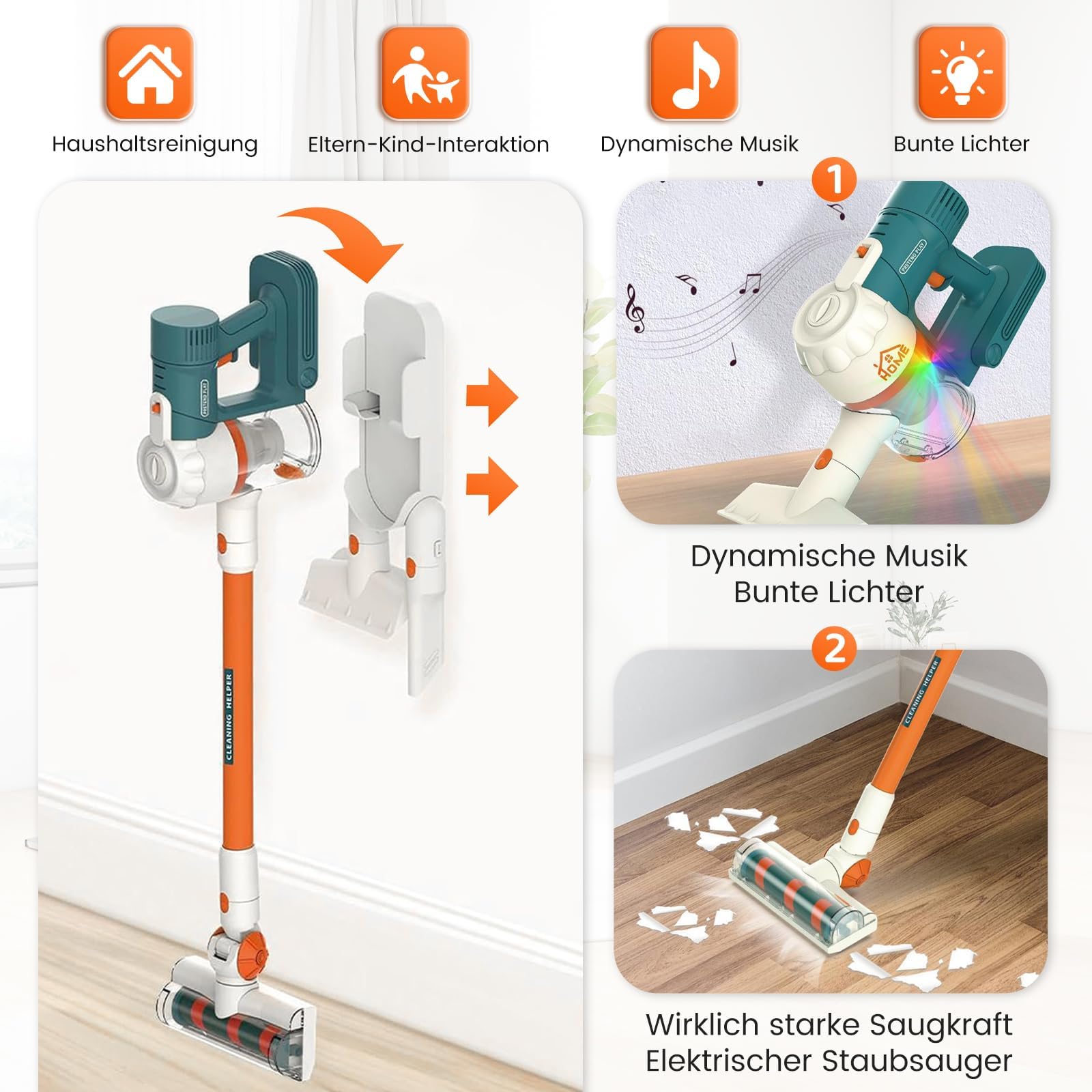 3-in-1 Kinderstaubsauger, Spielzeug Staubsauger mit Echter Saugleistung, für Kinder ab 3 Jahren Jungen und Mädchen, Haushaltsspielzeug für Realistisches Spielen - 5