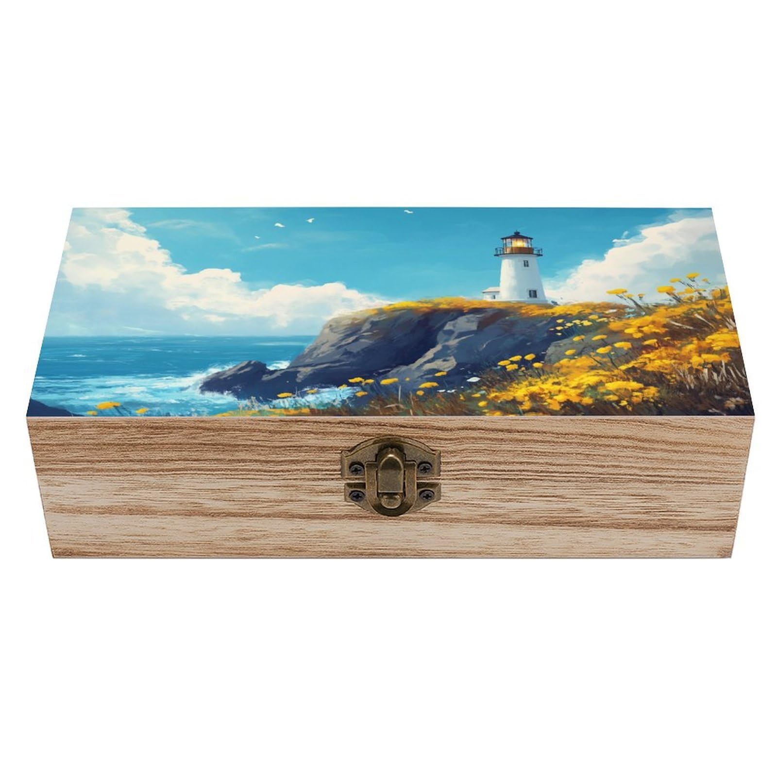 Ahdyr Lighthouse Rocky Coast Yellow Flowers Waves Wooden Storage Box with Hinged Lid And Front Clasp Large Keepsake Box