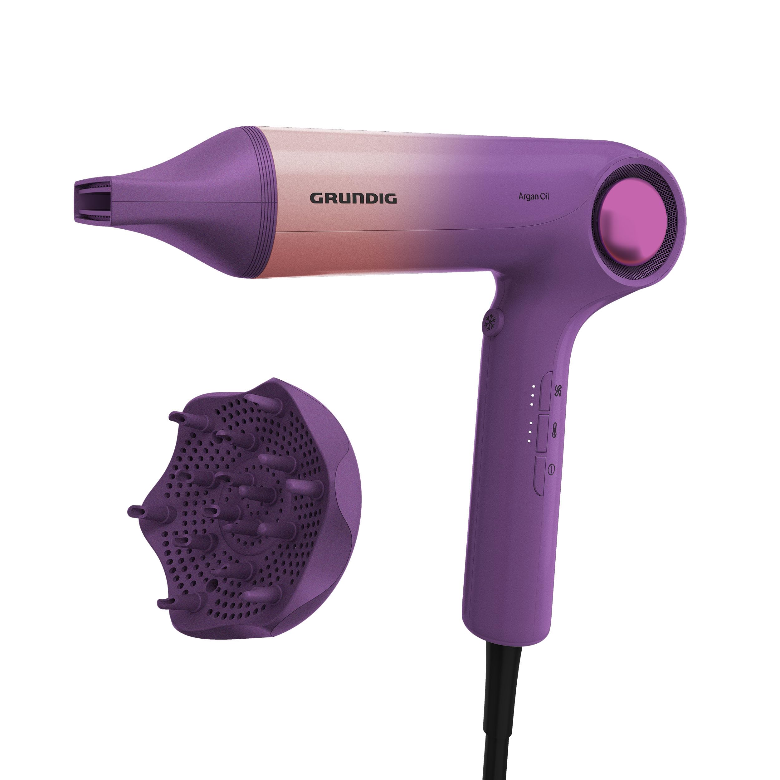 GRUNDIG HD 9480 Sèche-cheveux haute vitesse, moteur BLDC, 1600 W, fonction ionique, 3 niveaux de température et 3 niveaux de flux d'air, niveau froid, revêtement céramique, câble de 1,8 m, rose/violet