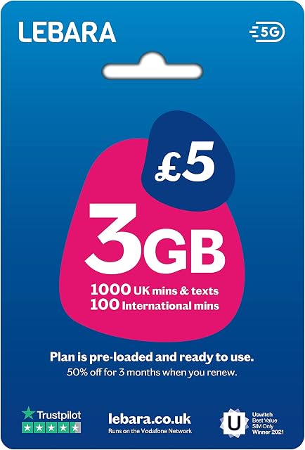 Lebara UK Pay As You Go SIM Card - 3GB Data, 1000 UK Minutes & Texts, 100 International minutes for £5