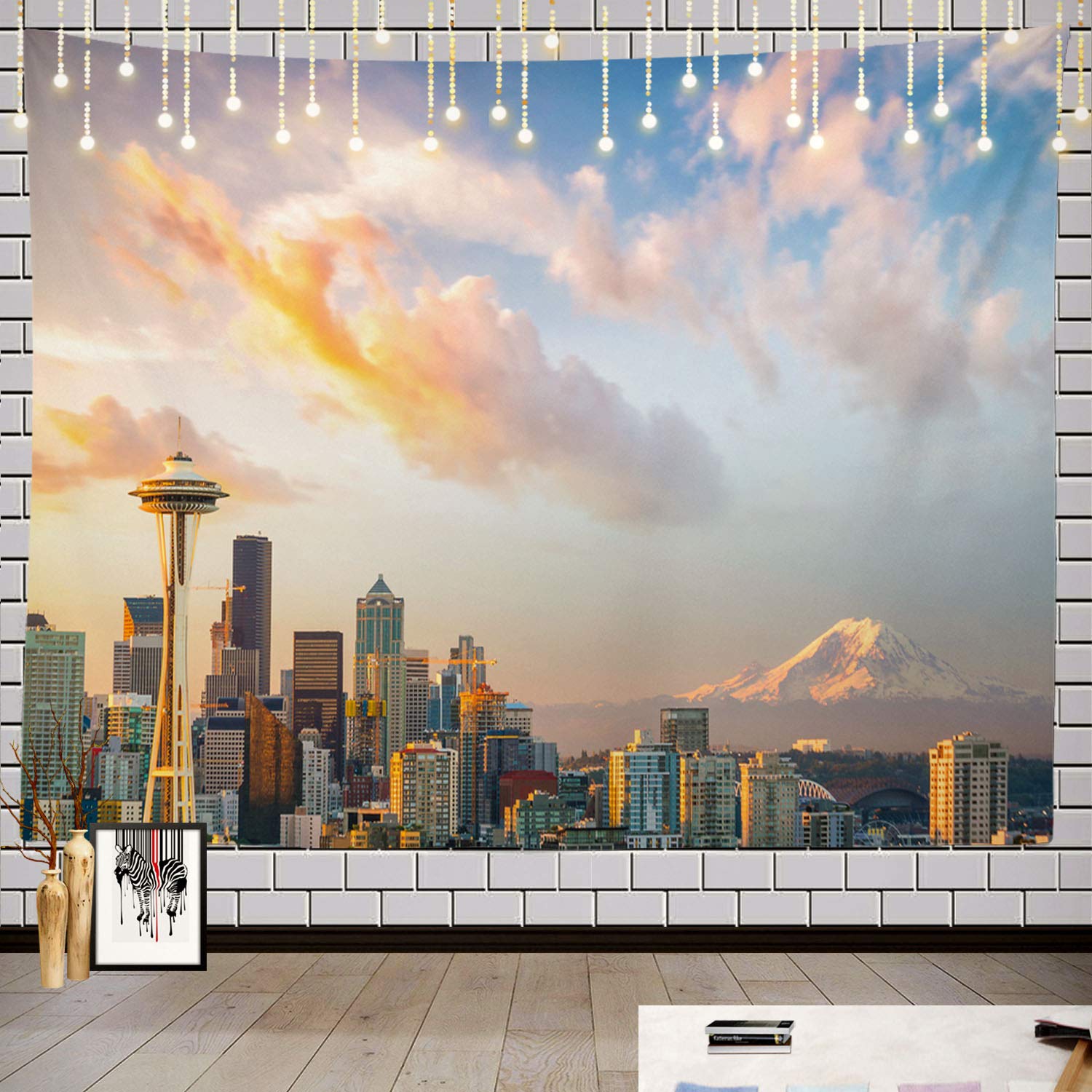 Batmerry Tapestry, Skyline Picnic Mat Hippie Trippy Tapestry Wall Art Meditation Decor for Bedroom Living Room Dorm, 51.2 x 59.1 Inches, Dusk Blue Orange