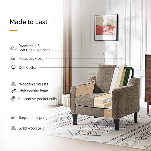 Miniatura 5 de VINGLI Juego de 2 sillas decorativas para sala de estar, sillas de lectura marrón claro para dormitorio, silla con brazo recogido, sillas