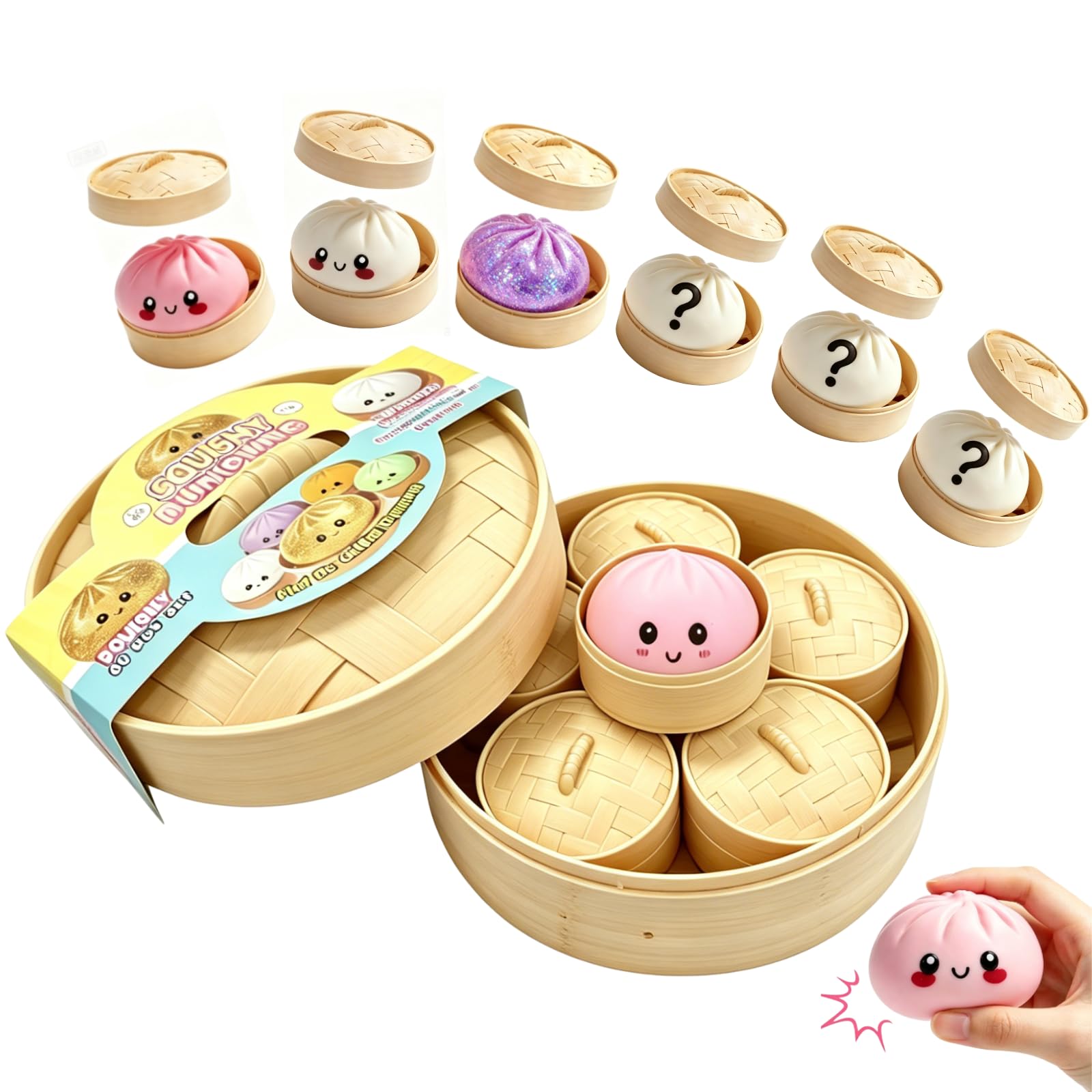6 PCS Mini Random Mystery Dumpling Squishies Set, 6 Random-Color Bao Bun Fidget Toys with 1 Large and 6 Mini Compartment Steamer Basket, Anxiety-Relief Sensory Gift for Kids and Adults